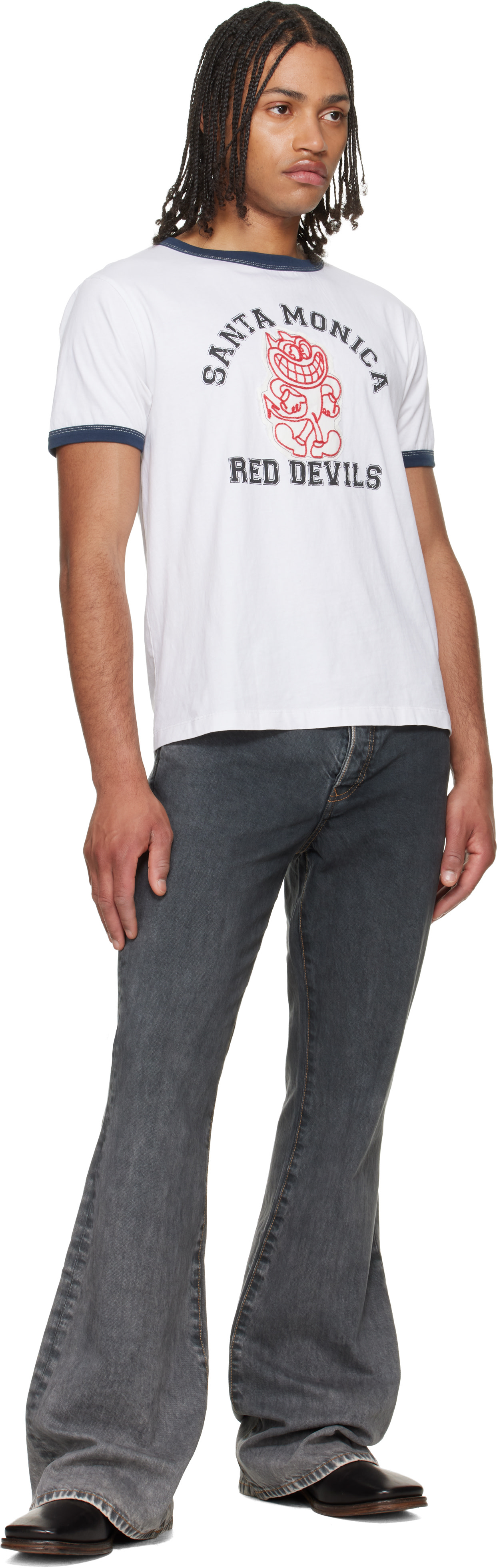 COÛT DE LA LIBERTÉ: Black Jimmy Ecru Twill Flare Jeans | SSENSE