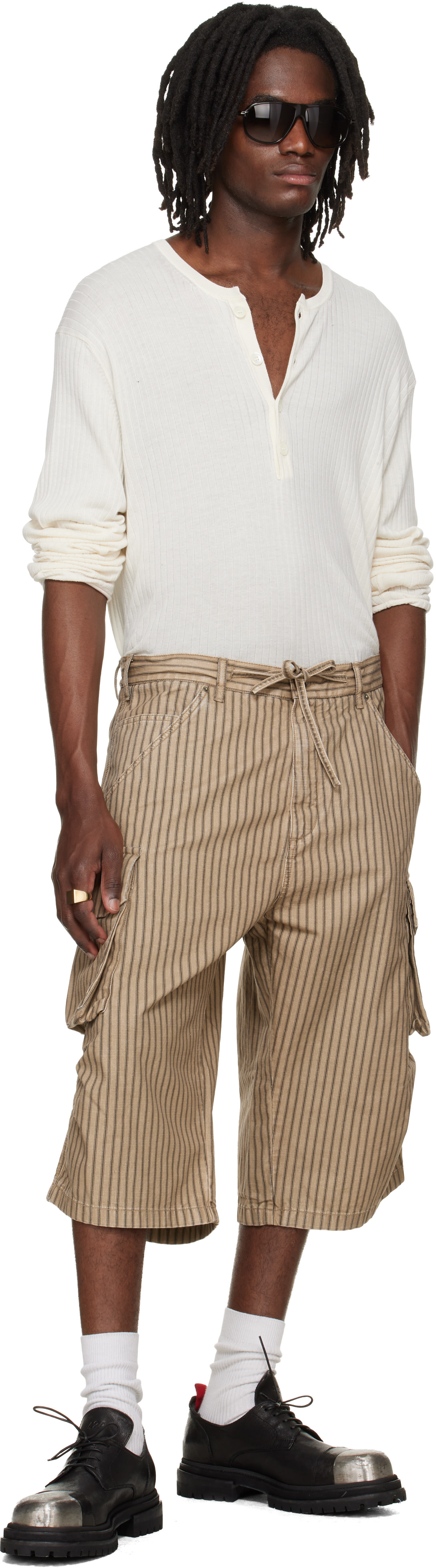424 - Bermuda cargo beige à rayures