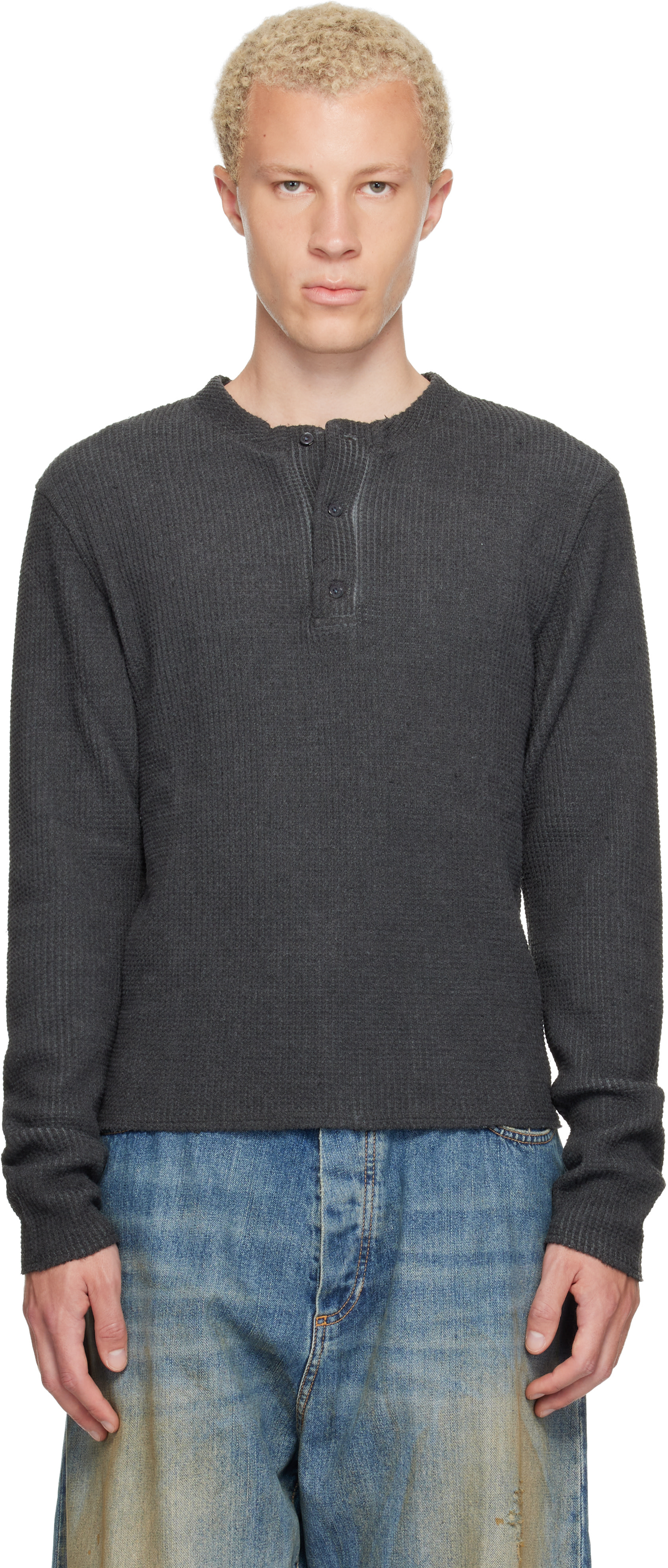 424: Black Long-Sleeve Thermal Jersey Henley | SSENSE