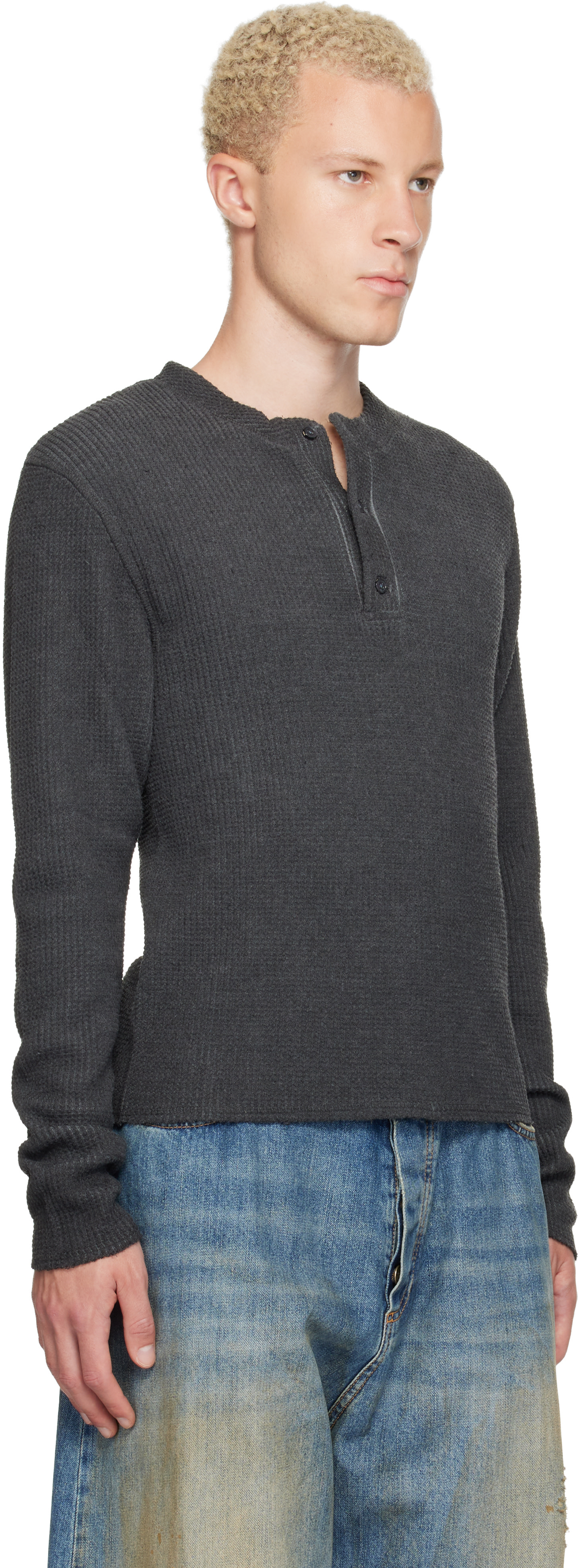 424: Black Long-Sleeve Thermal Jersey Henley | SSENSE