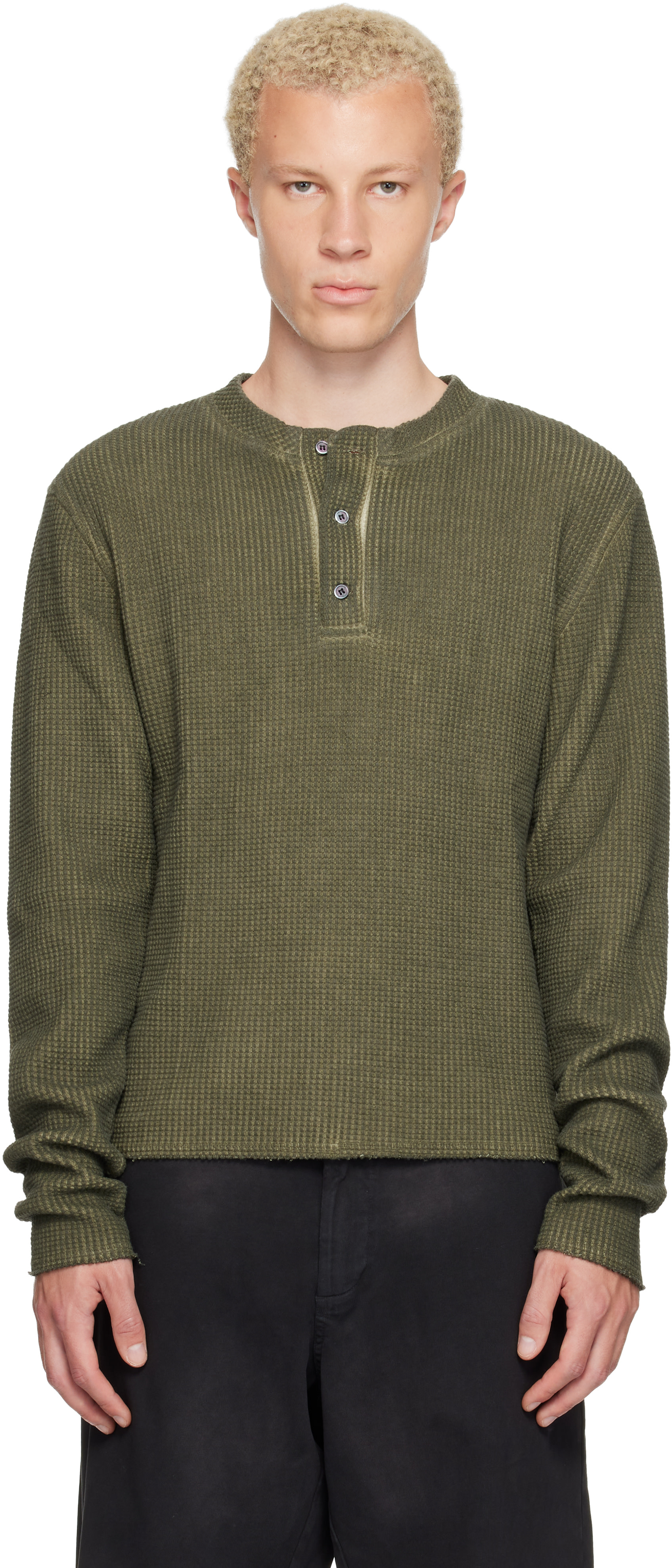 424: Khaki Long-Sleeve Thermal Jersey Henley | SSENSE