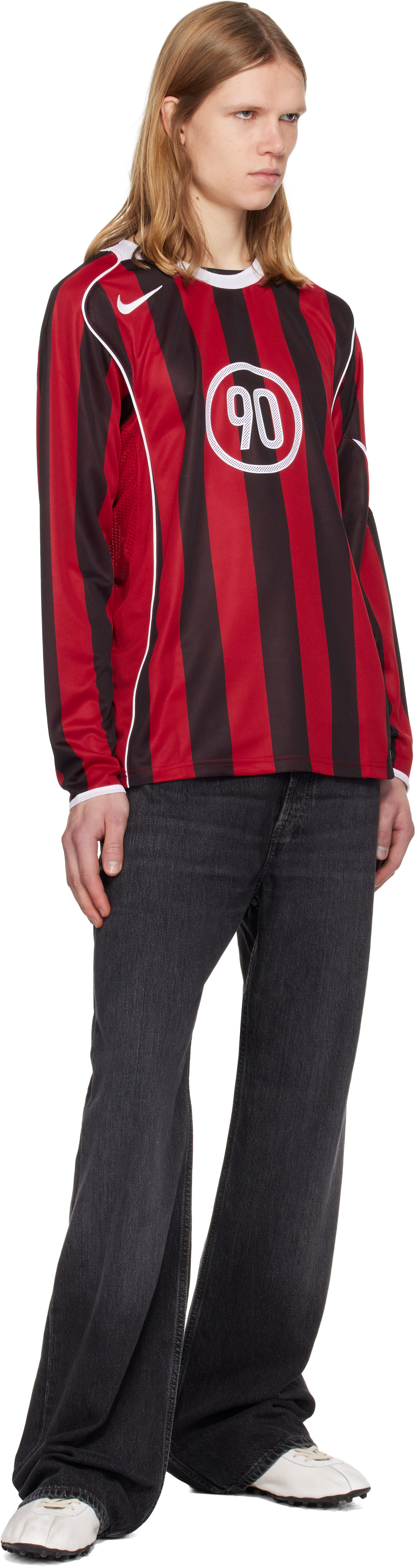 NIKE Total 90 長袖シャツ 赤黒 ストライプ M Nike: レッド＆ブラック Total 90 Dri-FIT Football 長袖 ジャージー