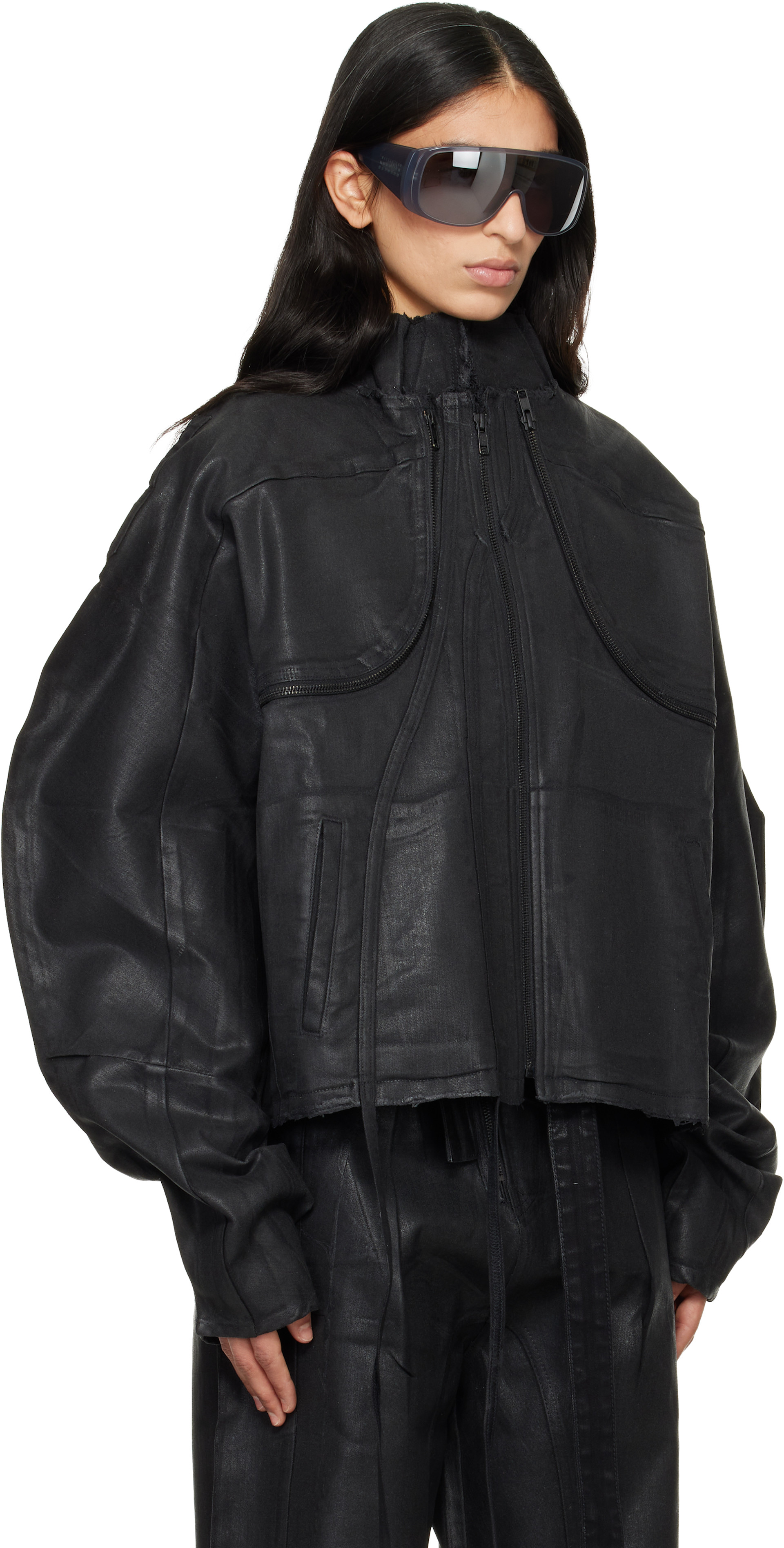Ottolinger: Black Glazed Denim Zip Jacket | SSENSE