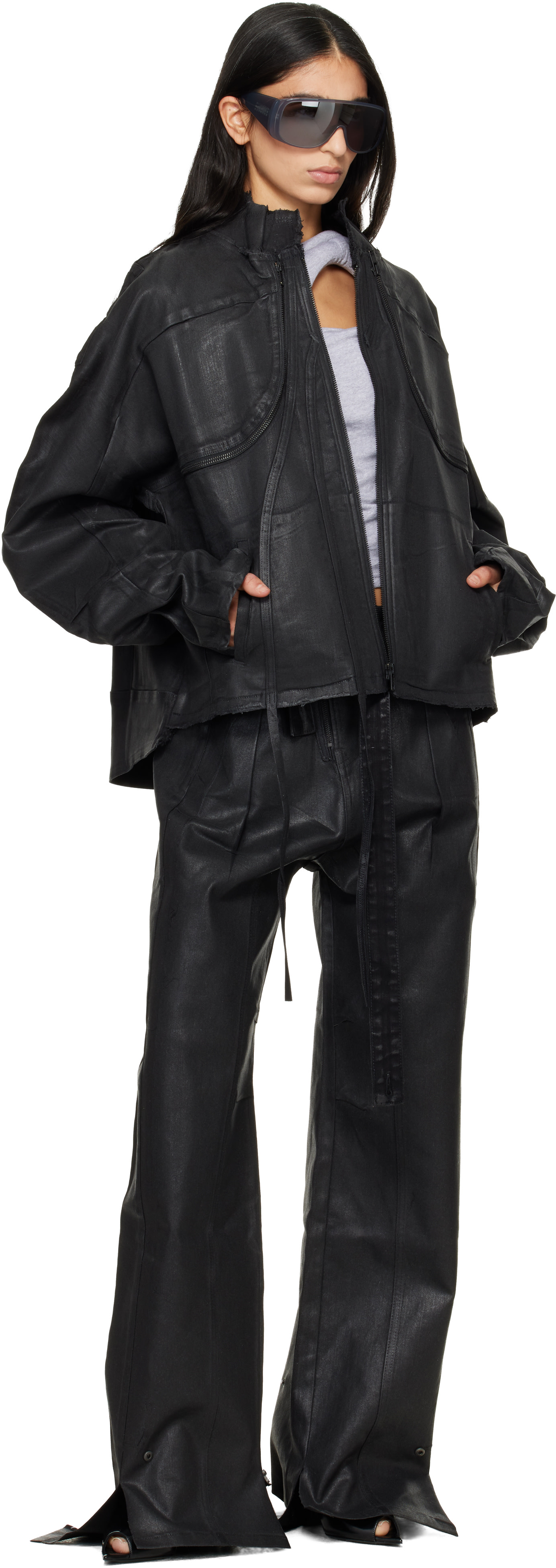 Ottolinger: Black Glazed Denim Zip Jacket | SSENSE