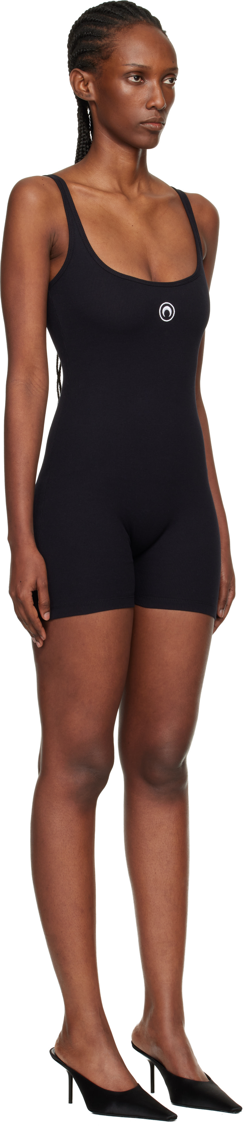 Marine Serre: Black Moon Logo Ribbed Jersey Short Jumpsuit | SSENSE