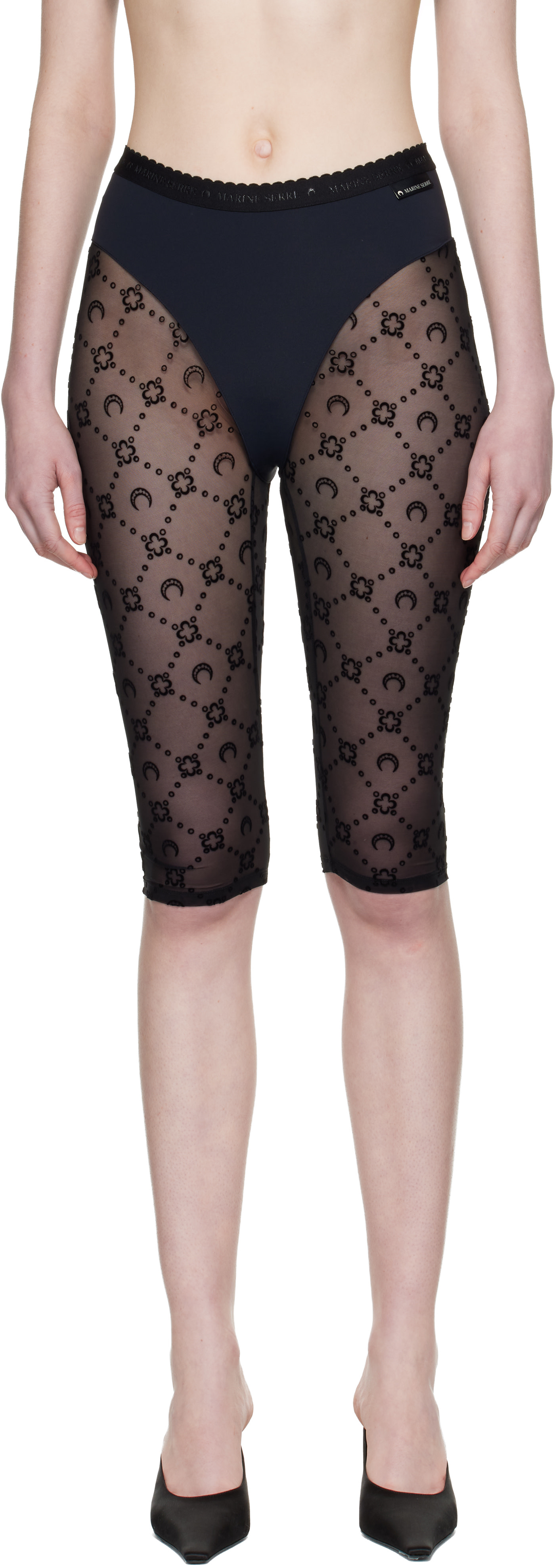 Marine Serre: Black Moonogram Mesh Flock Capri Leggings | SSENSE