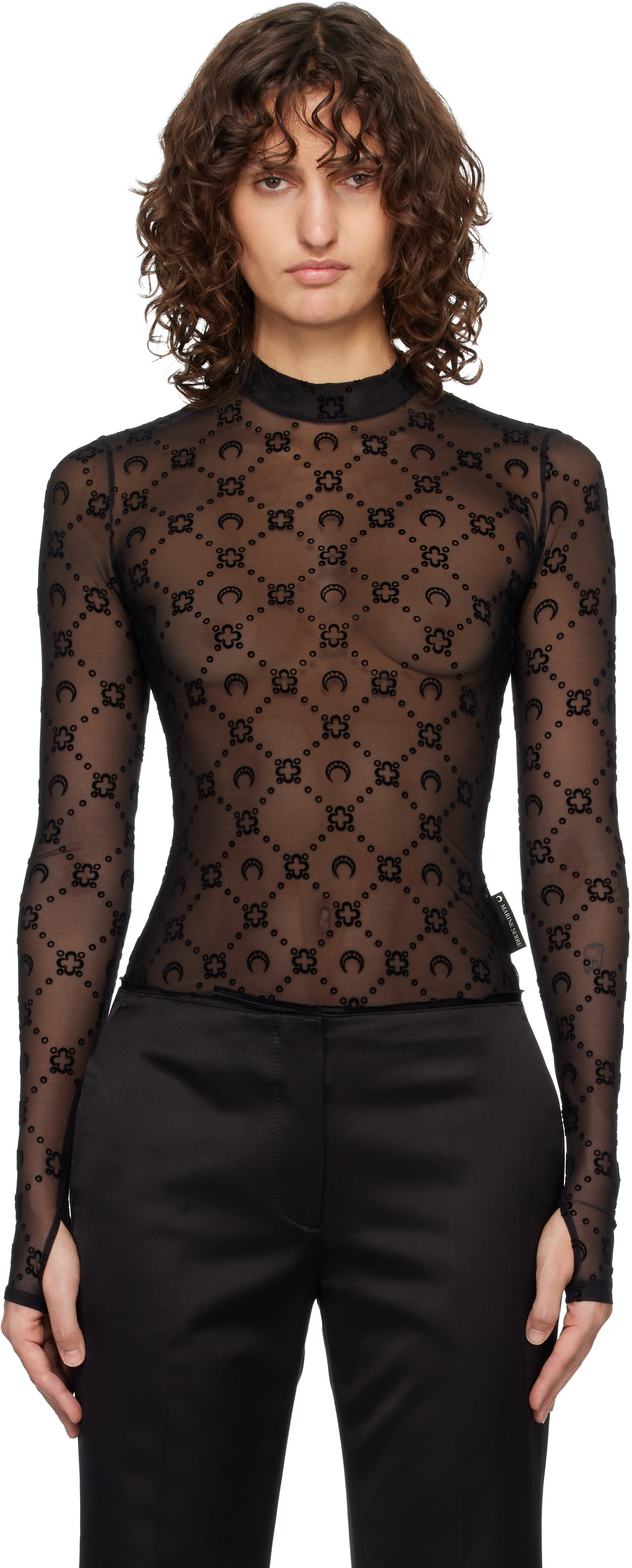 Marine Serre: Black Moonogram Mesh Flock Second Skin Top | SSENSE