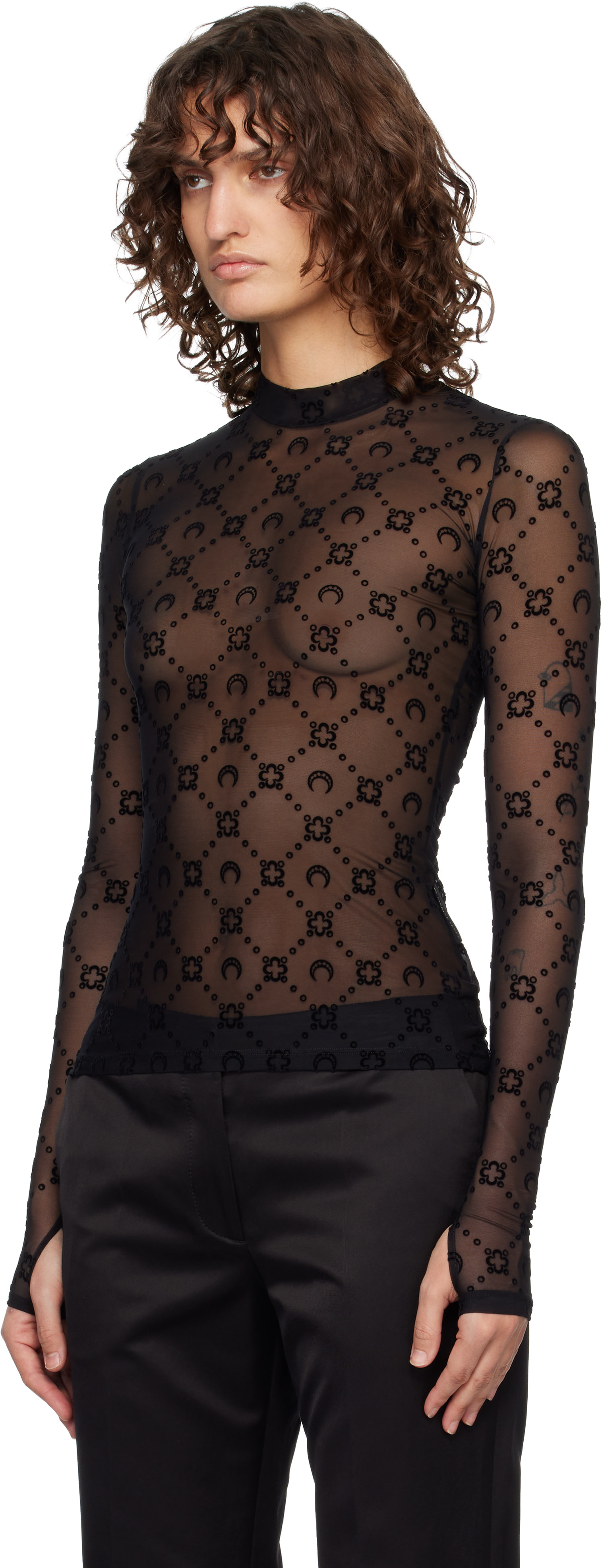 MARINE SERRE セカンドスキン Marine Serre: ブラック Moonogram Mesh Flock セカンドスキン