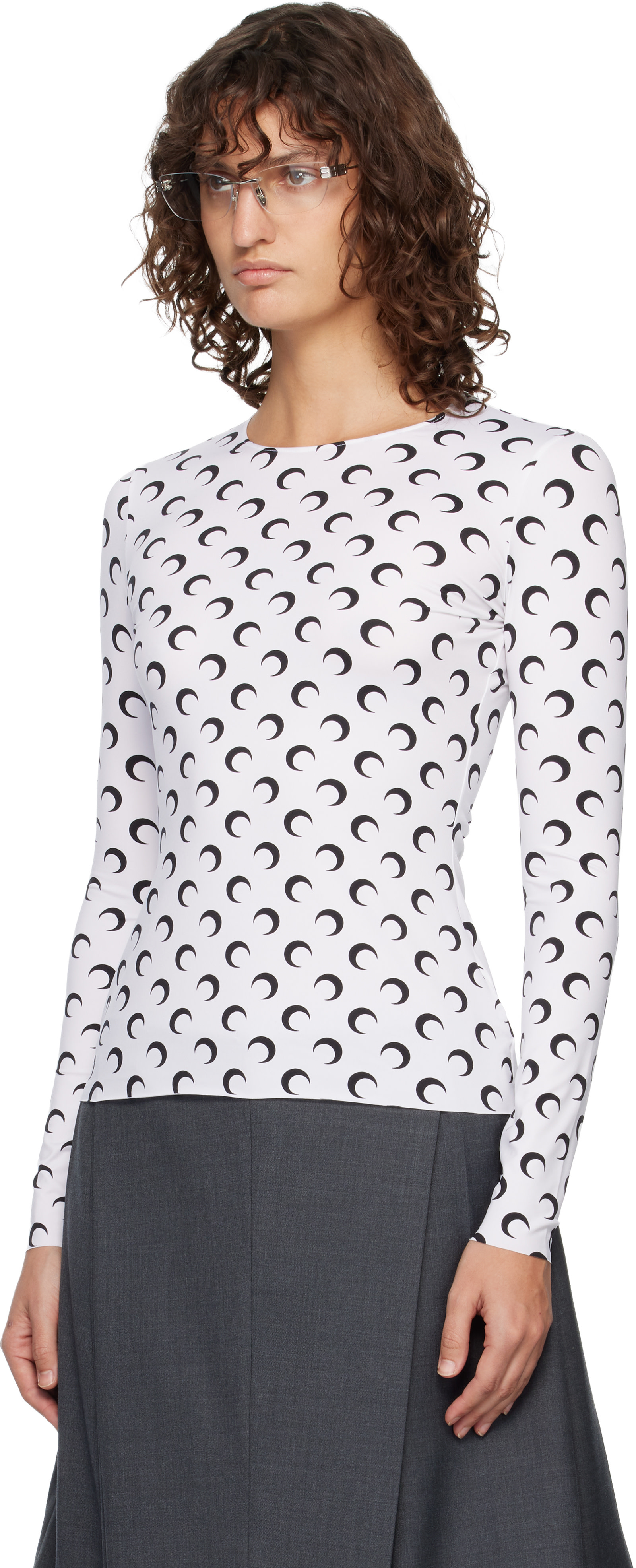 Marine Serre: White Recycled Moon Jersey Second Skin Crewneck T