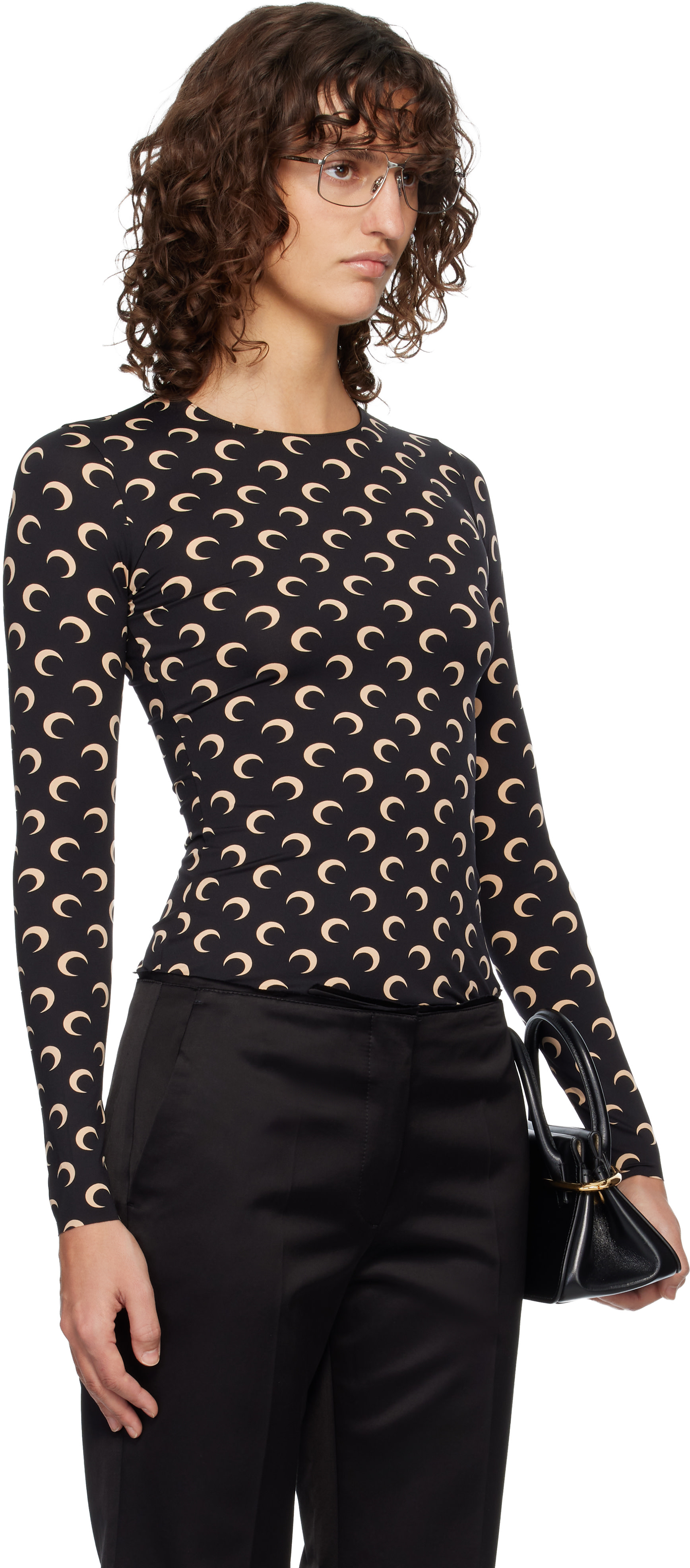 Marine Serre: Black Recycled Moon Jersey Second Skin Crewneck T