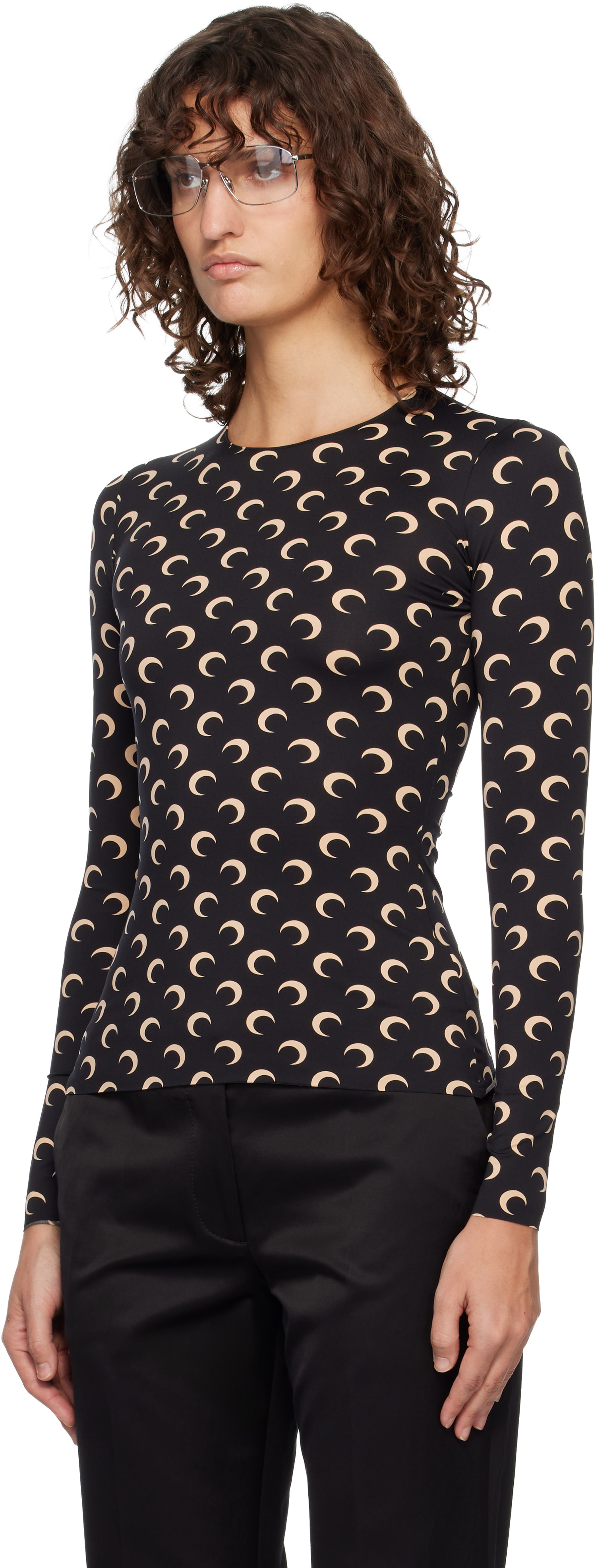 Marine Serre: Black Recycled Moon Jersey Second Skin Crewneck T