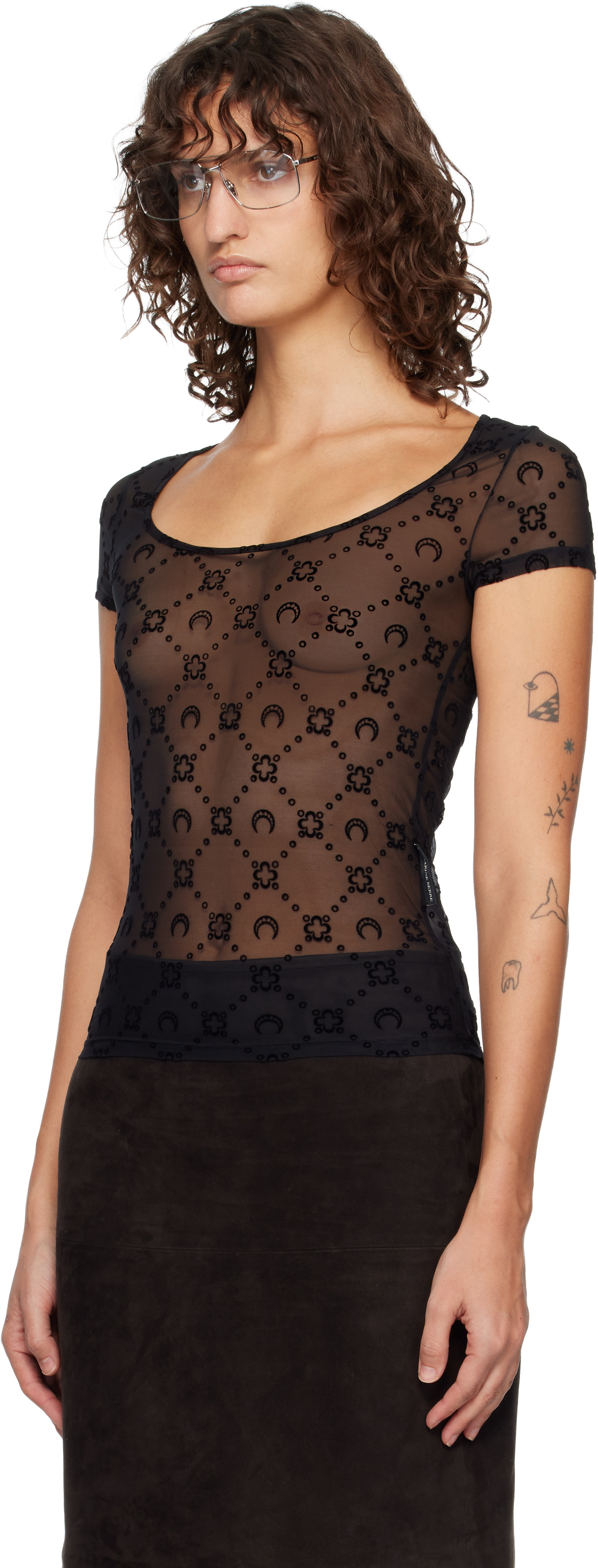 MARINE SERRE シースルー Marine Serre: Black Recycled Mesh Flock Open Neck T-shirt | SSENSE