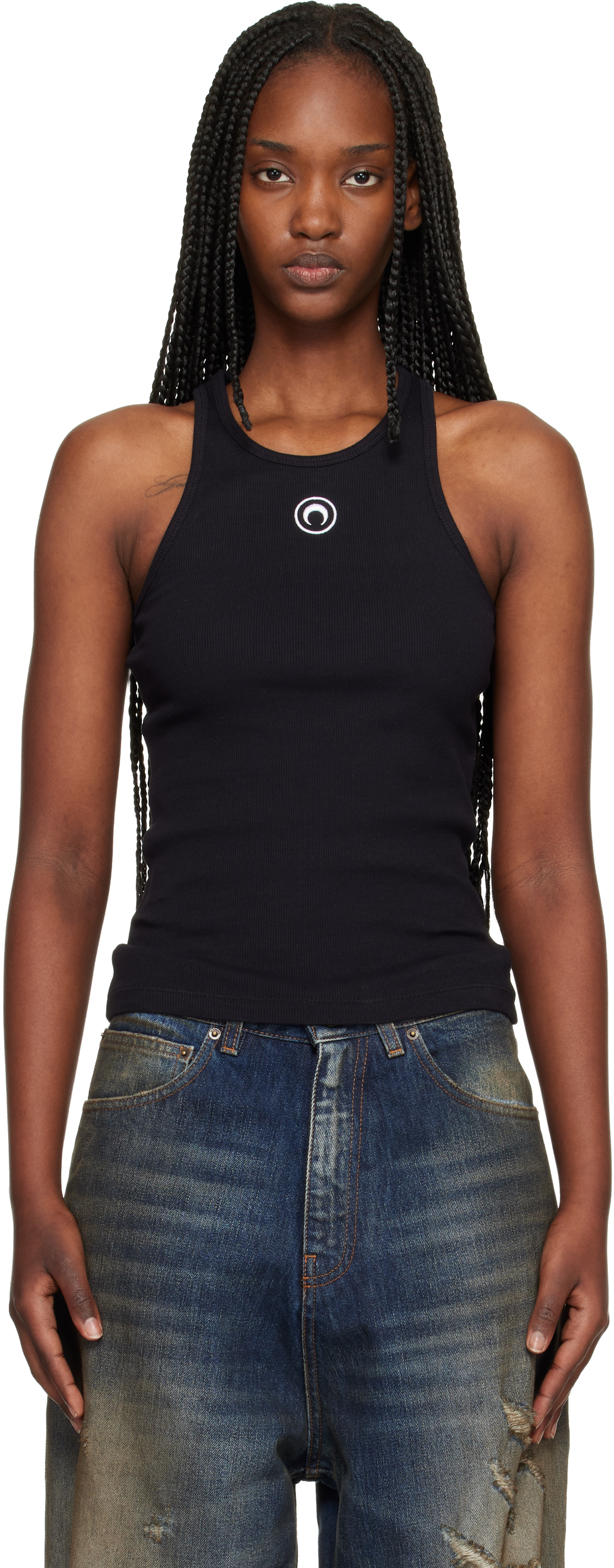 MARINE SERRE ブラック タンクトップ M Marine Serre: Black Moon Logo Ribbed Jersey Tank Top | SSENSE