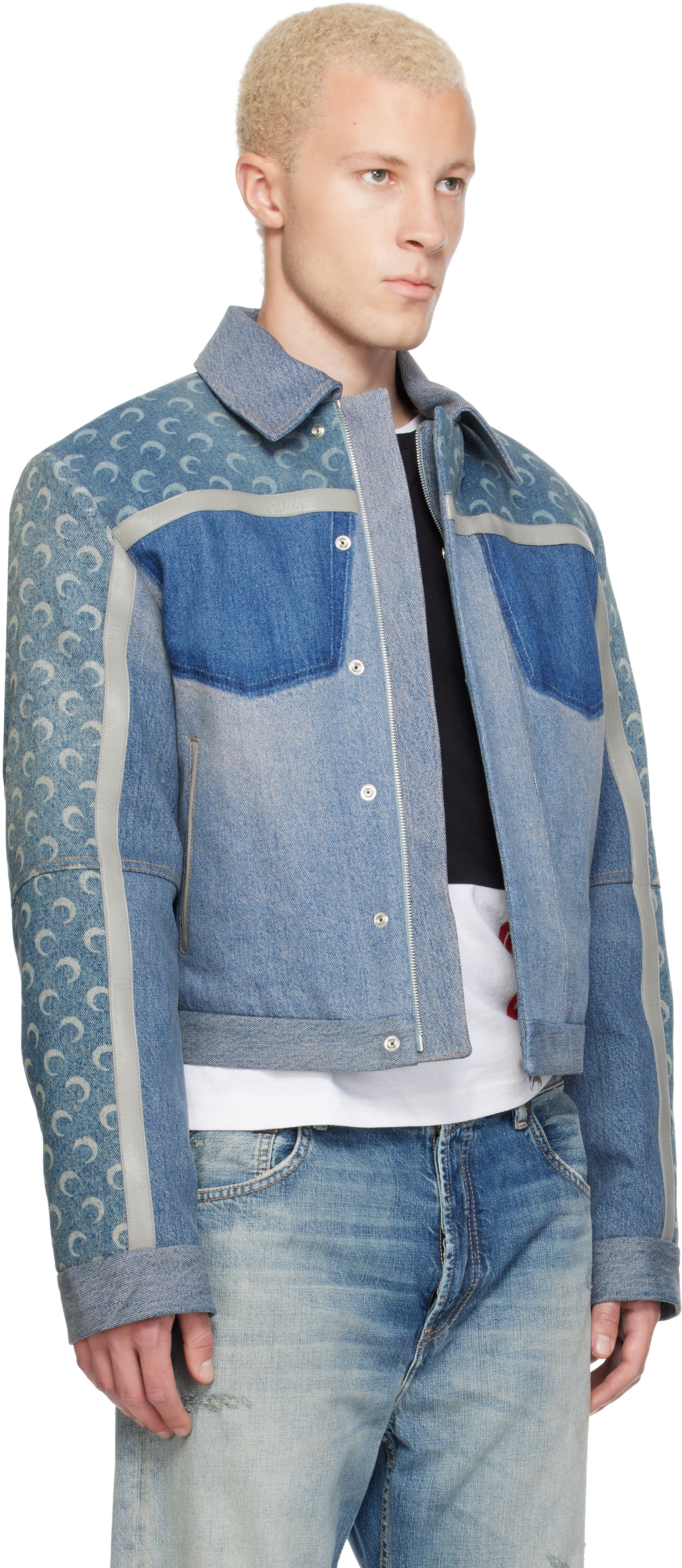 Marine Serre: Blue Regenerated Boxy Denim Jacket | SSENSE