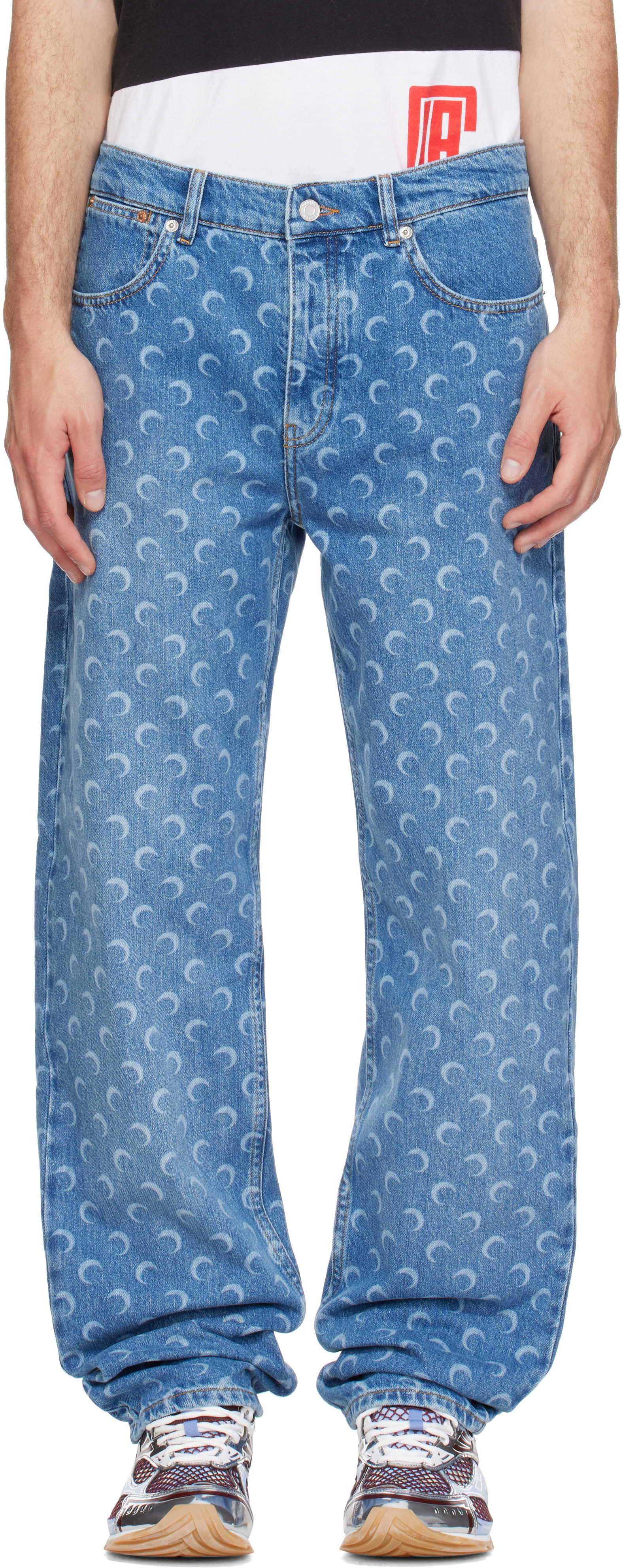 Marine Serre: Blue Moon Laser Wash Denim Straight Jeans | SSENSE