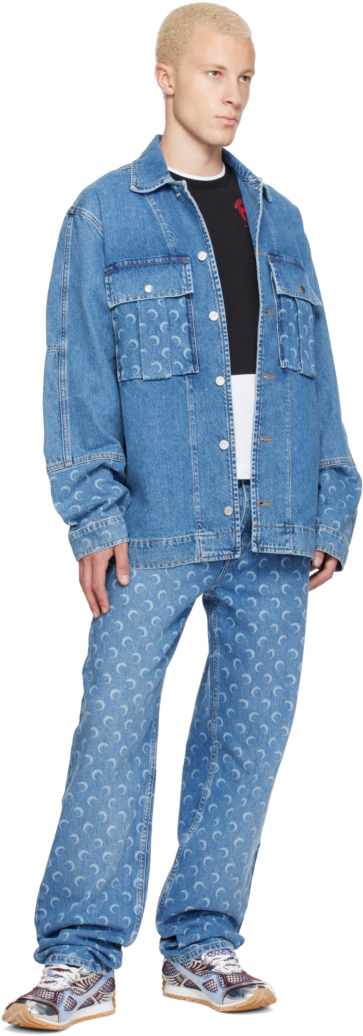 Marine Serre: Blue Moon Laser Wash Denim Straight Jeans | SSENSE
