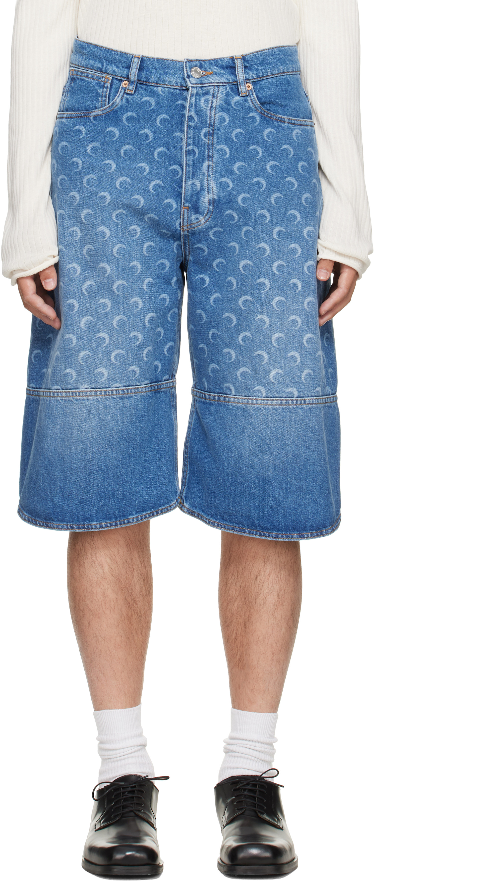パンツ Marine Serre Moon Laser Denim Bermudas Marine Serre: Blue Denim Bermuda Shorts | SSENSE