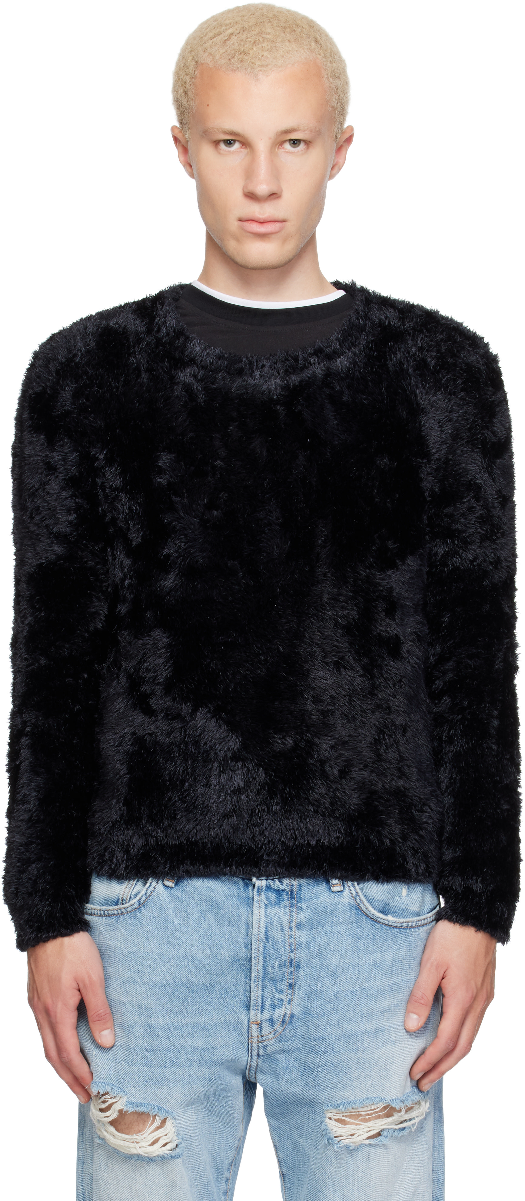 Marine Serre: ブラック Wild Fluffy Knit クルーネックセーター