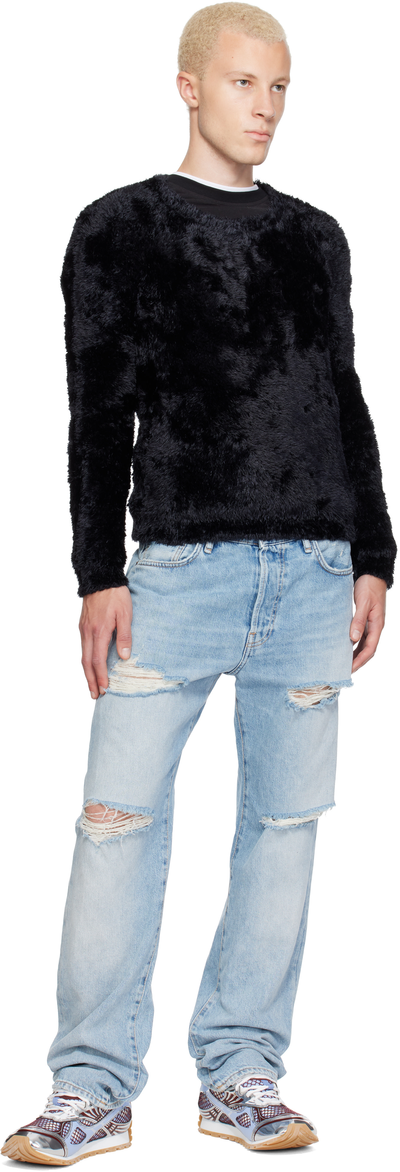 Marine Serre: ブラック Wild Fluffy Knit クルーネックセーター