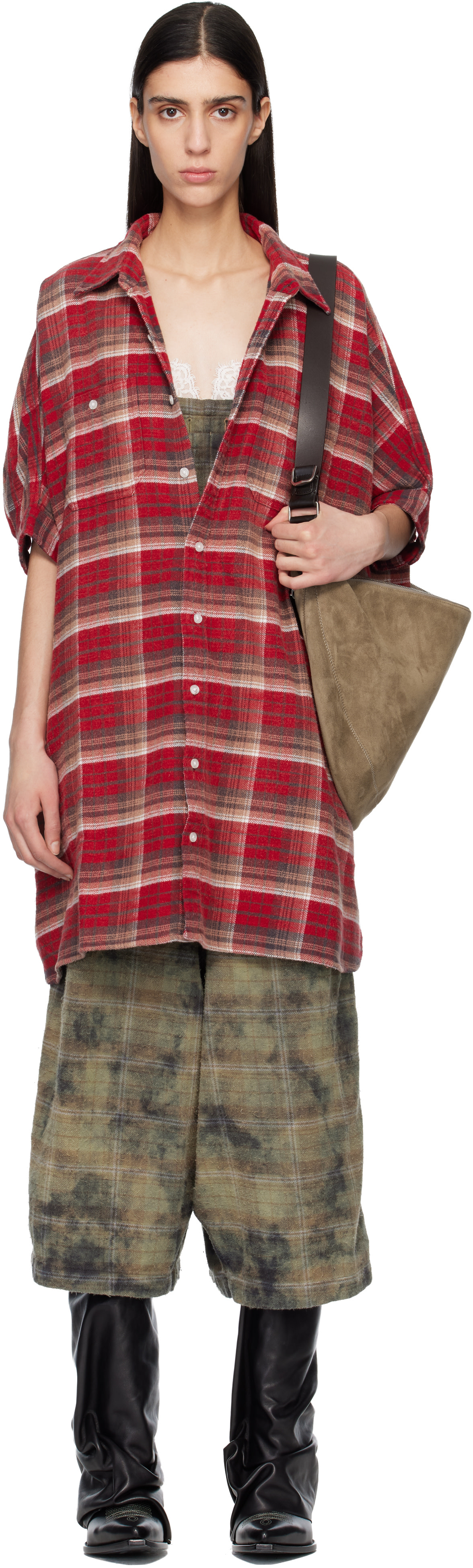 R13: Red Plaid Oversized Boxy Shirt Minidress | SSENSE