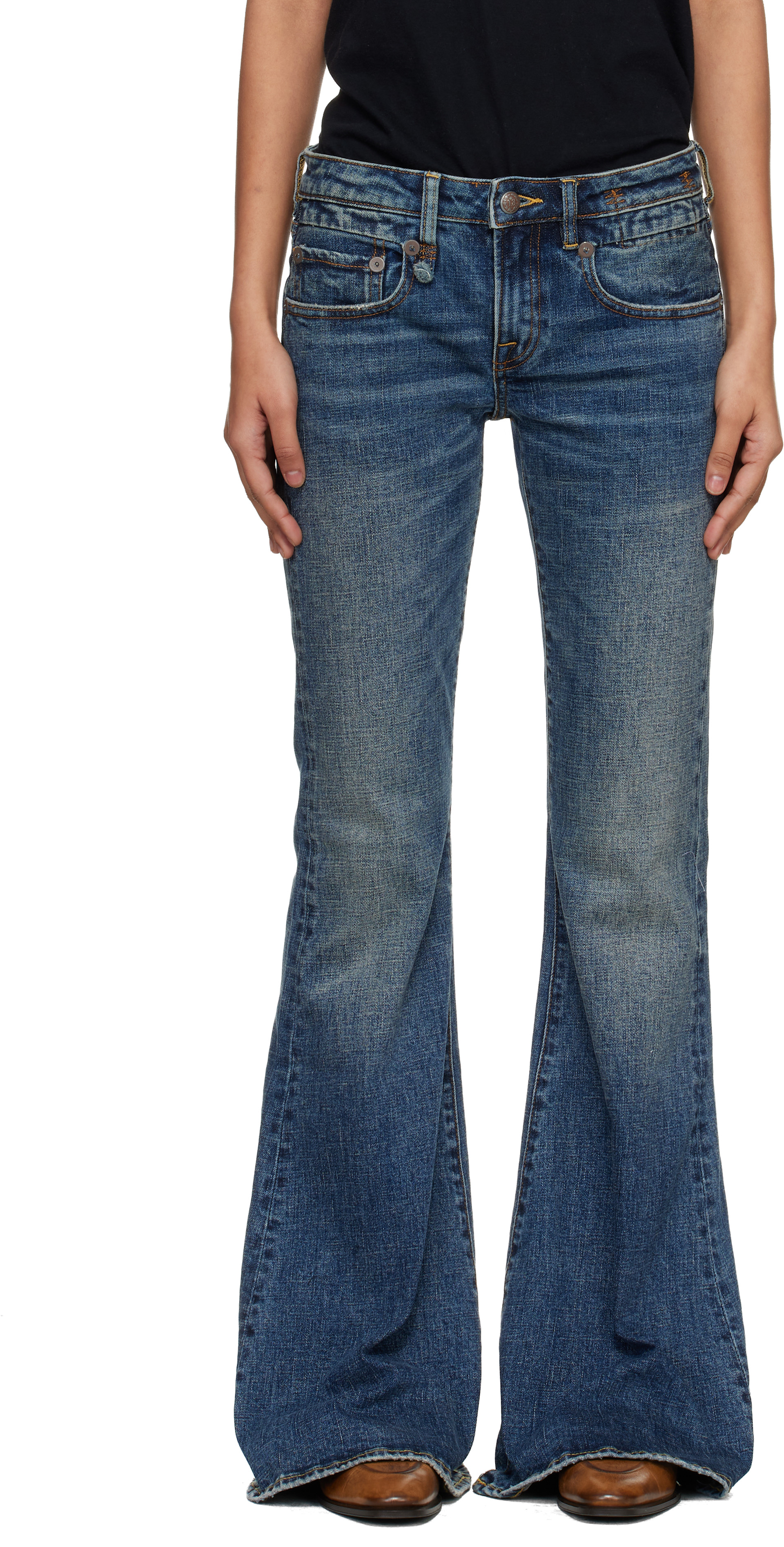 R13 - Jean long évasé bleu en denim extensible