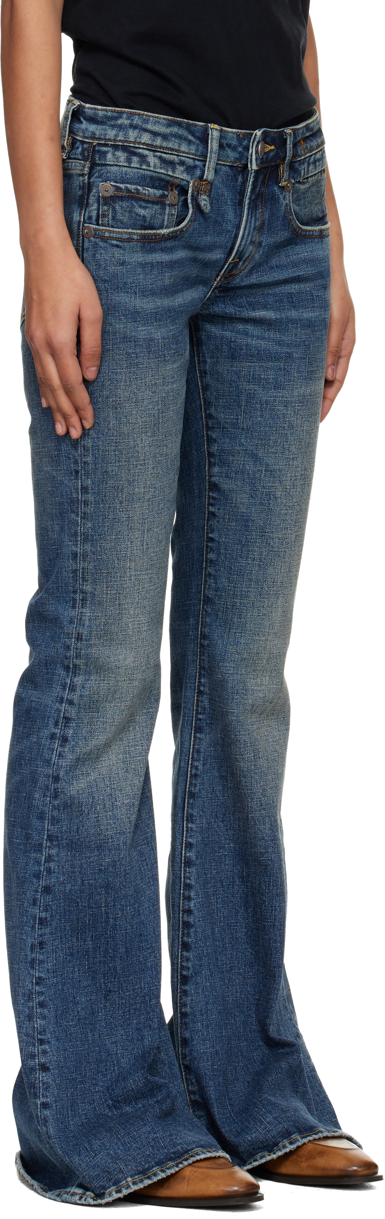R13 - Jean long évasé bleu en denim extensible