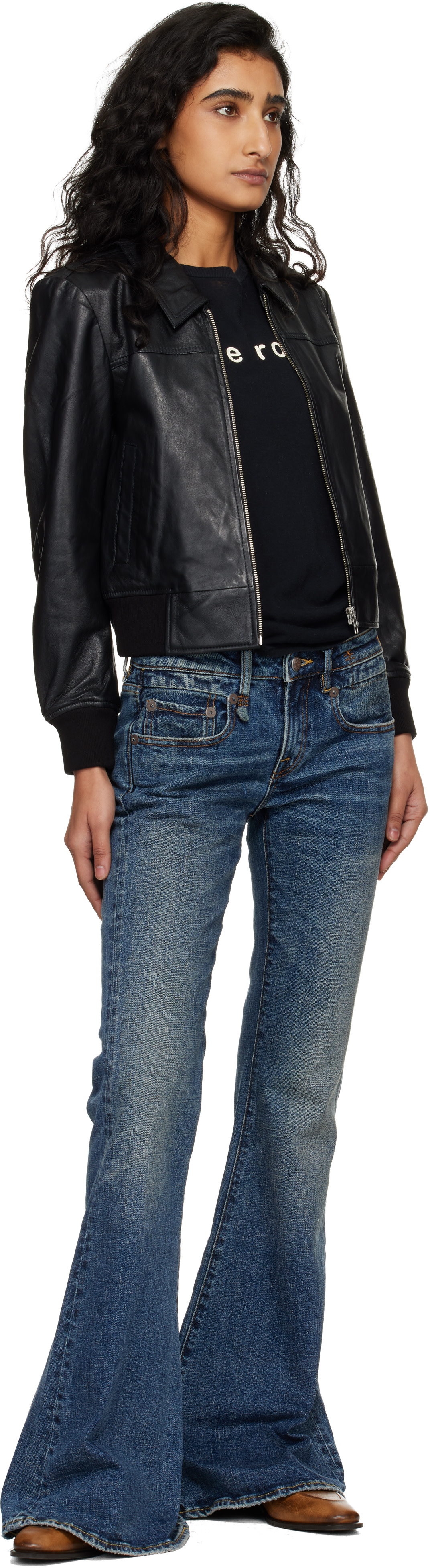 R13 - Jean long évasé bleu en denim extensible