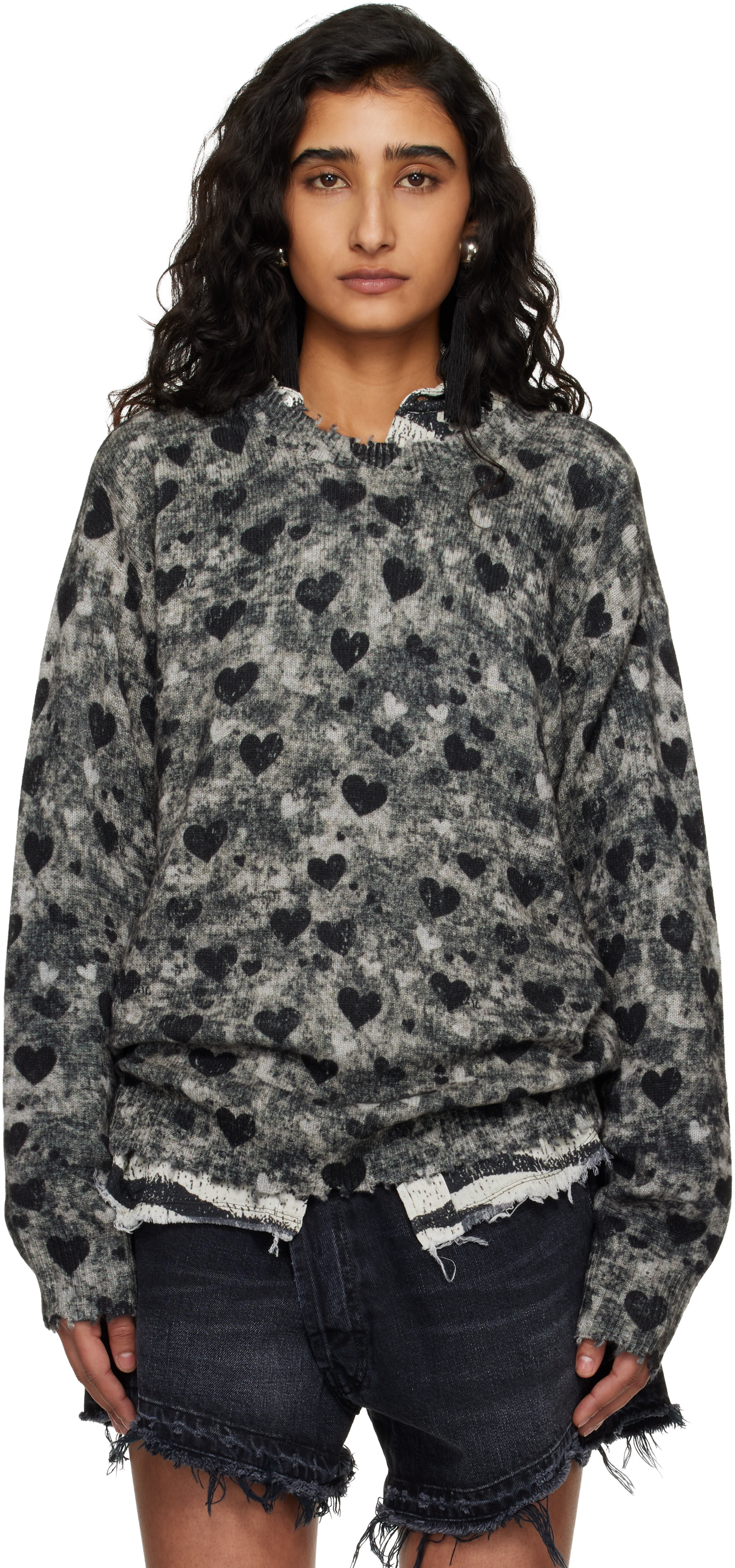 R13 - Pull boyfriend gris à motif imprimé