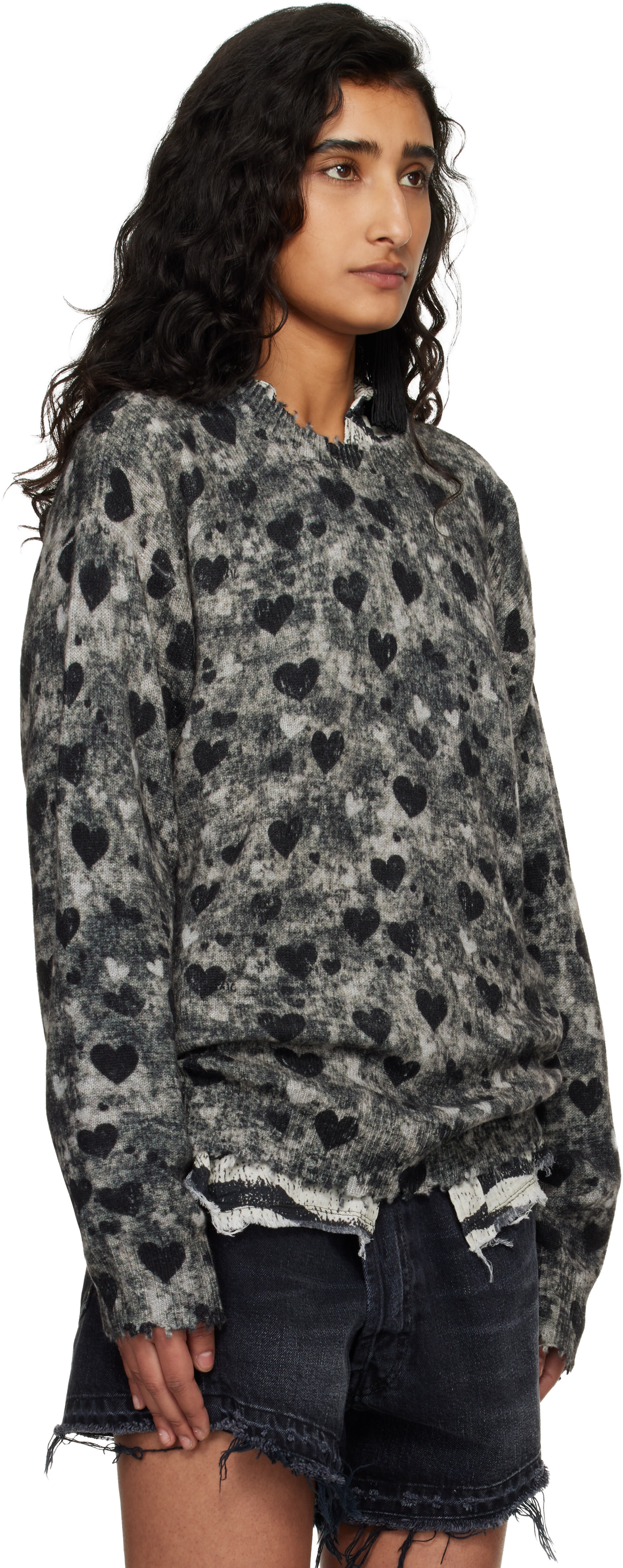 R13 - Pull boyfriend gris à motif imprimé