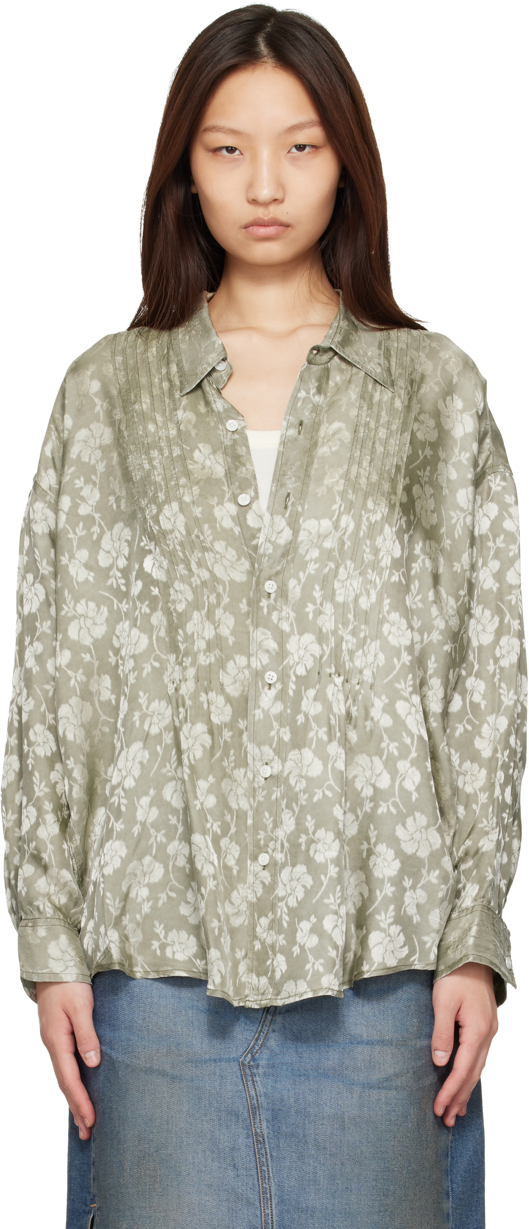 GREENGREEN ラキドロトレカ R13: Khaki Pintuck Drop Neck Shirt | SSENSE
