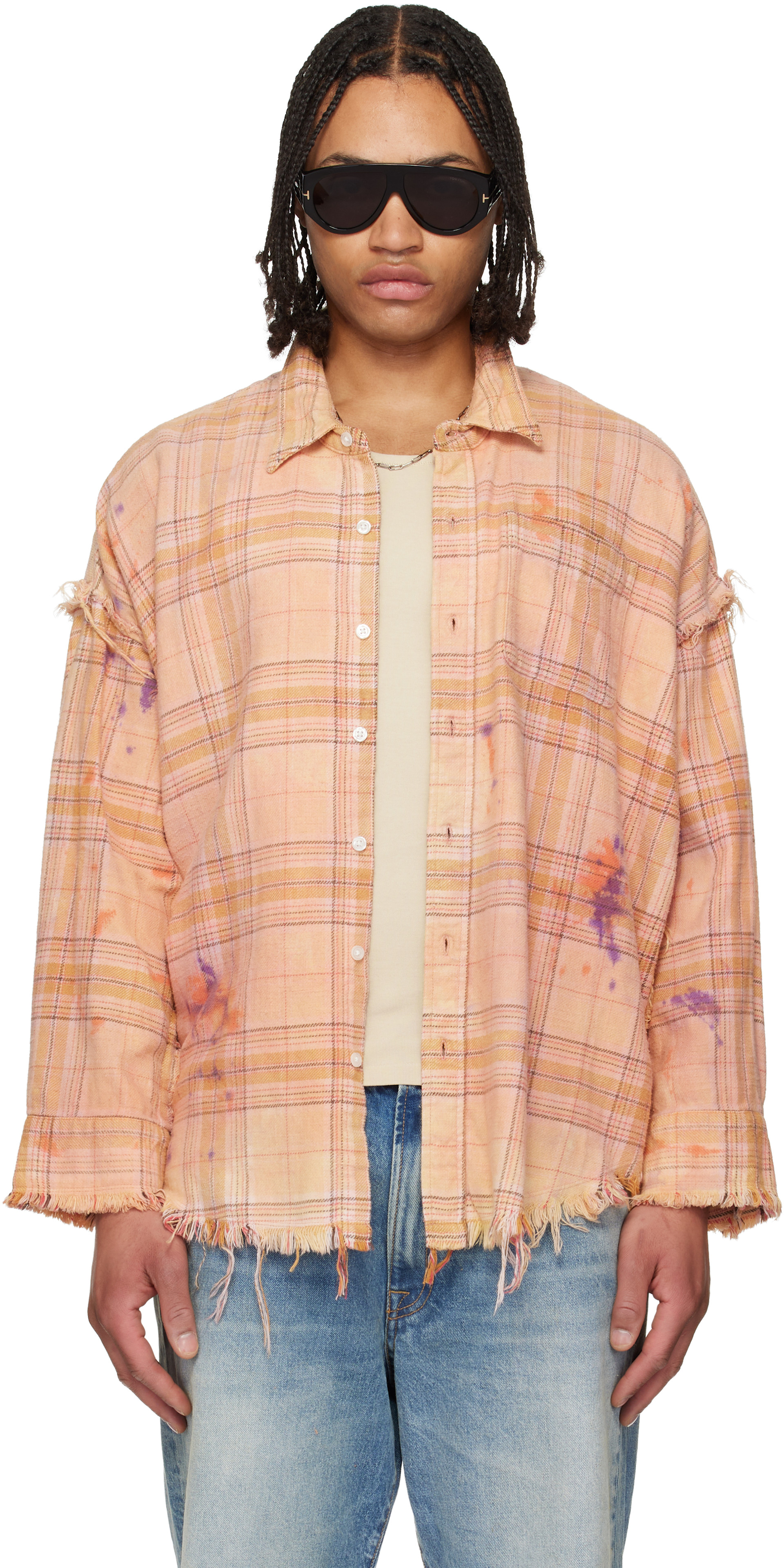 R13: Orange Shredded Seam Drop Neck Shirt | SSENSE