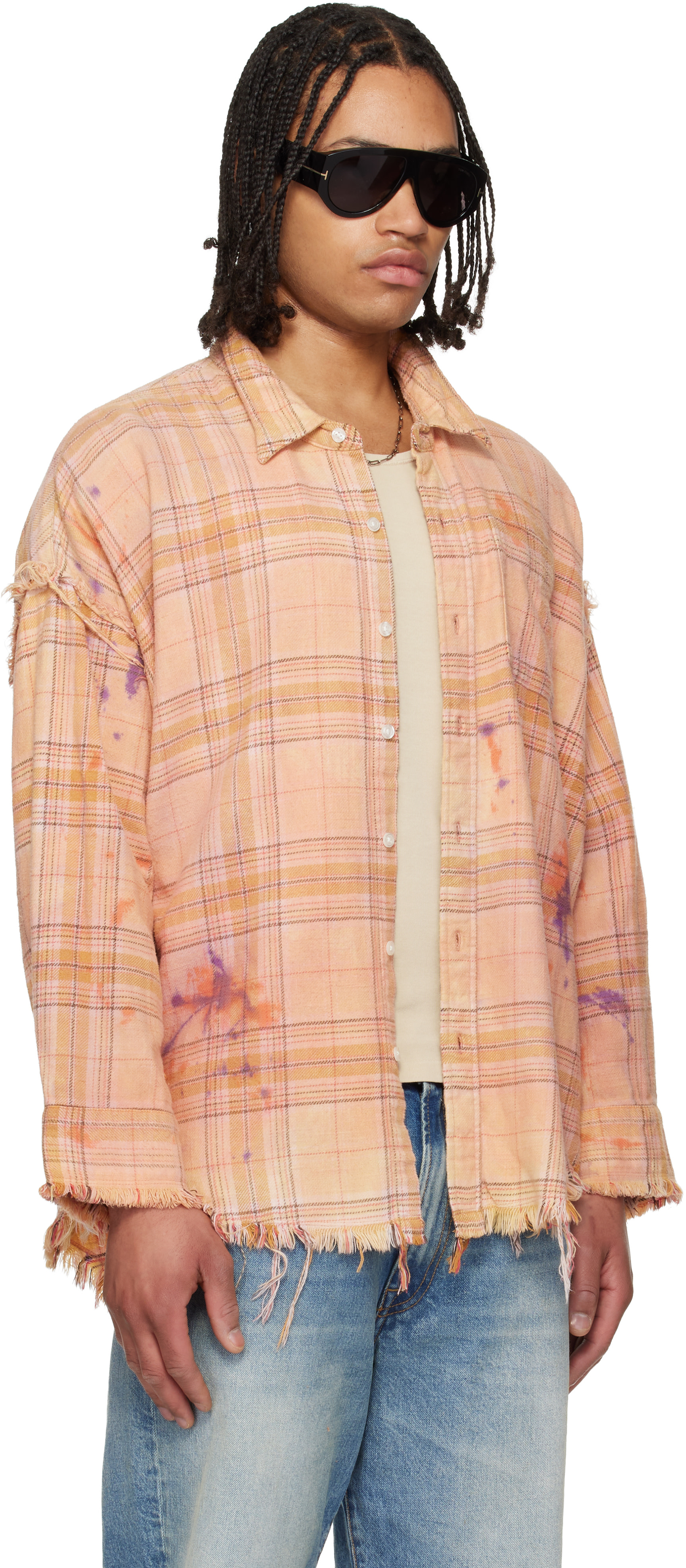 R13: Orange Shredded Seam Drop Neck Shirt | SSENSE