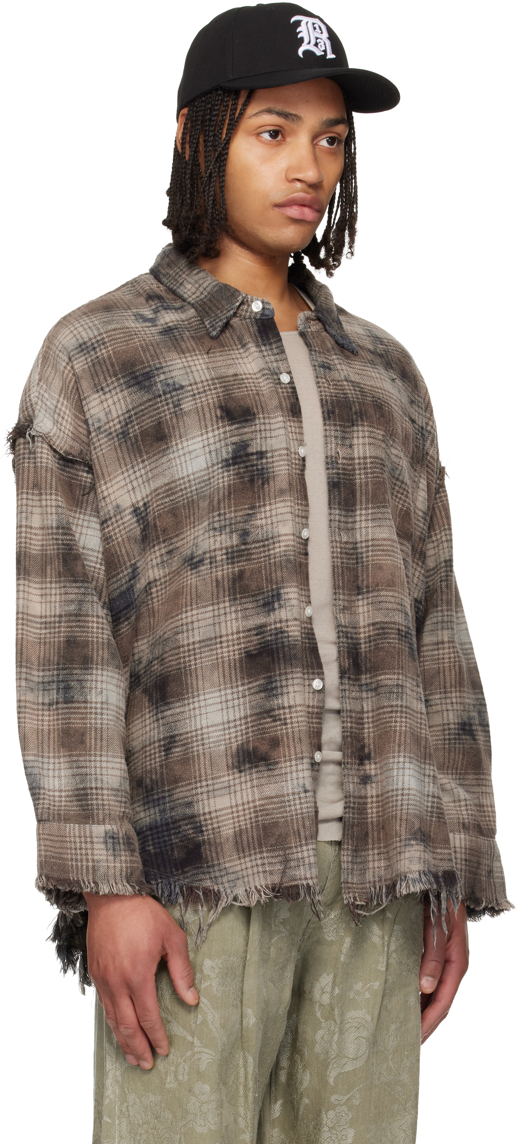 R13: Brown & Gray Shredded Seam Drop Neck Shirt | SSENSE