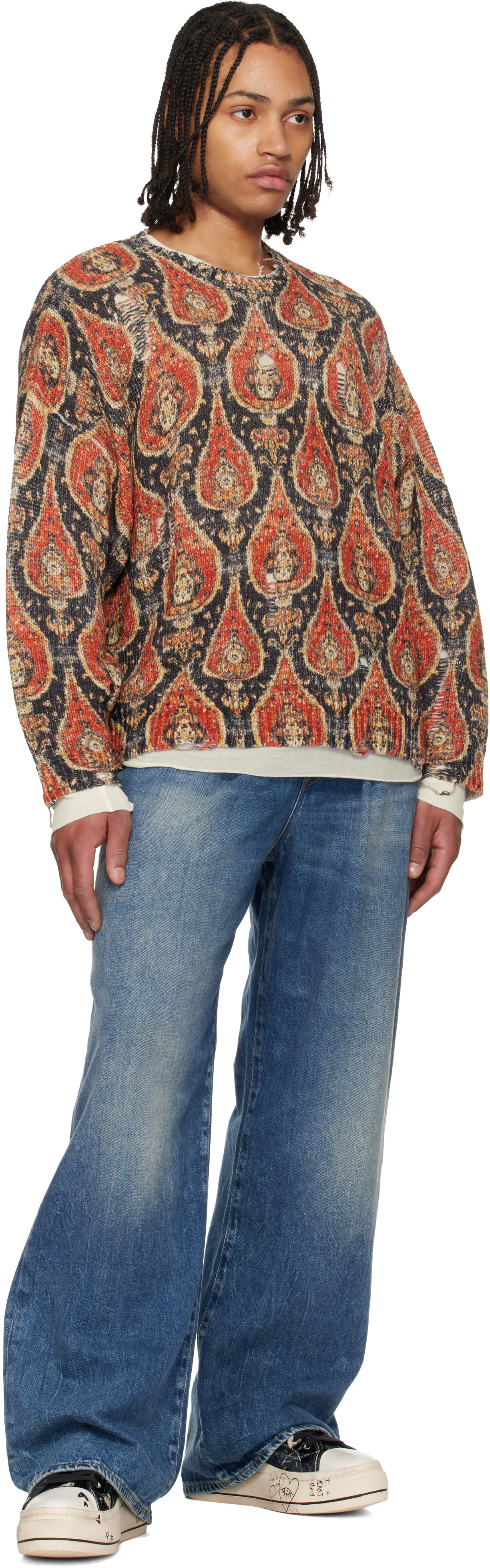 R13 - Pull surdimensionné orange et noir à imprimé