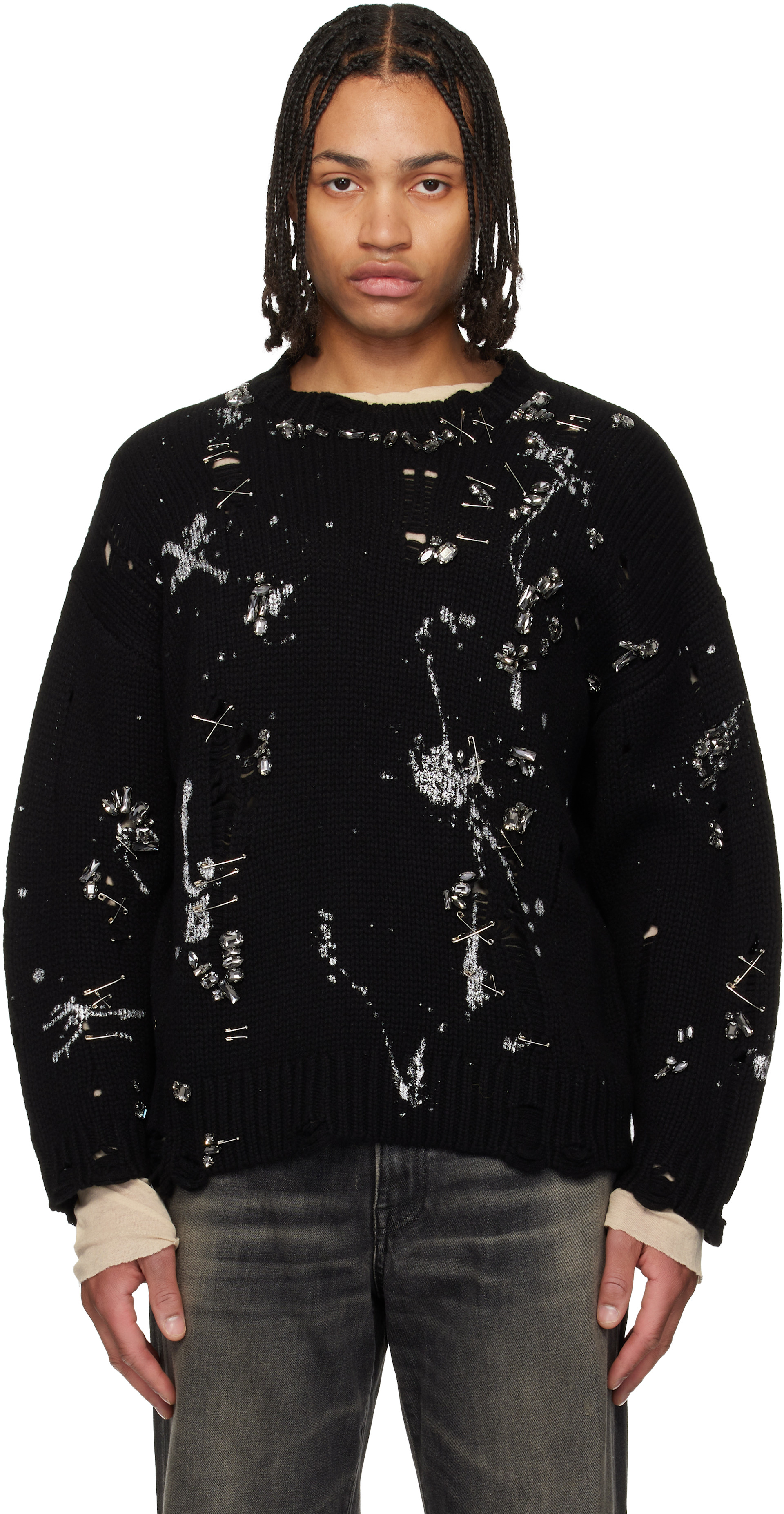 R13: Black Distressed Oversized Crystals & Pins Sweater | SSENSE