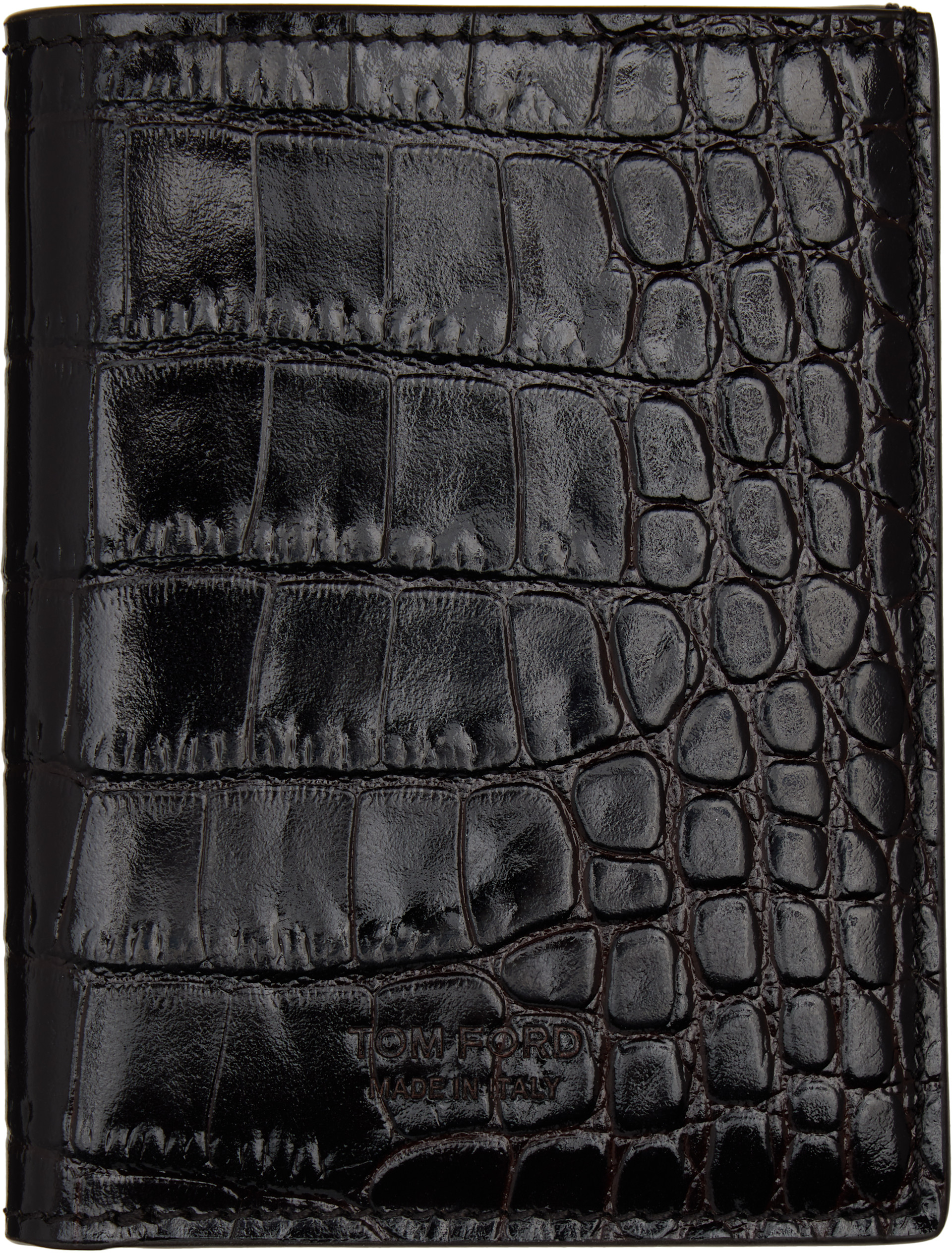 TOM FORD: Brown Shiny Printed Croc T Line Card Holder | SSENSE Canada