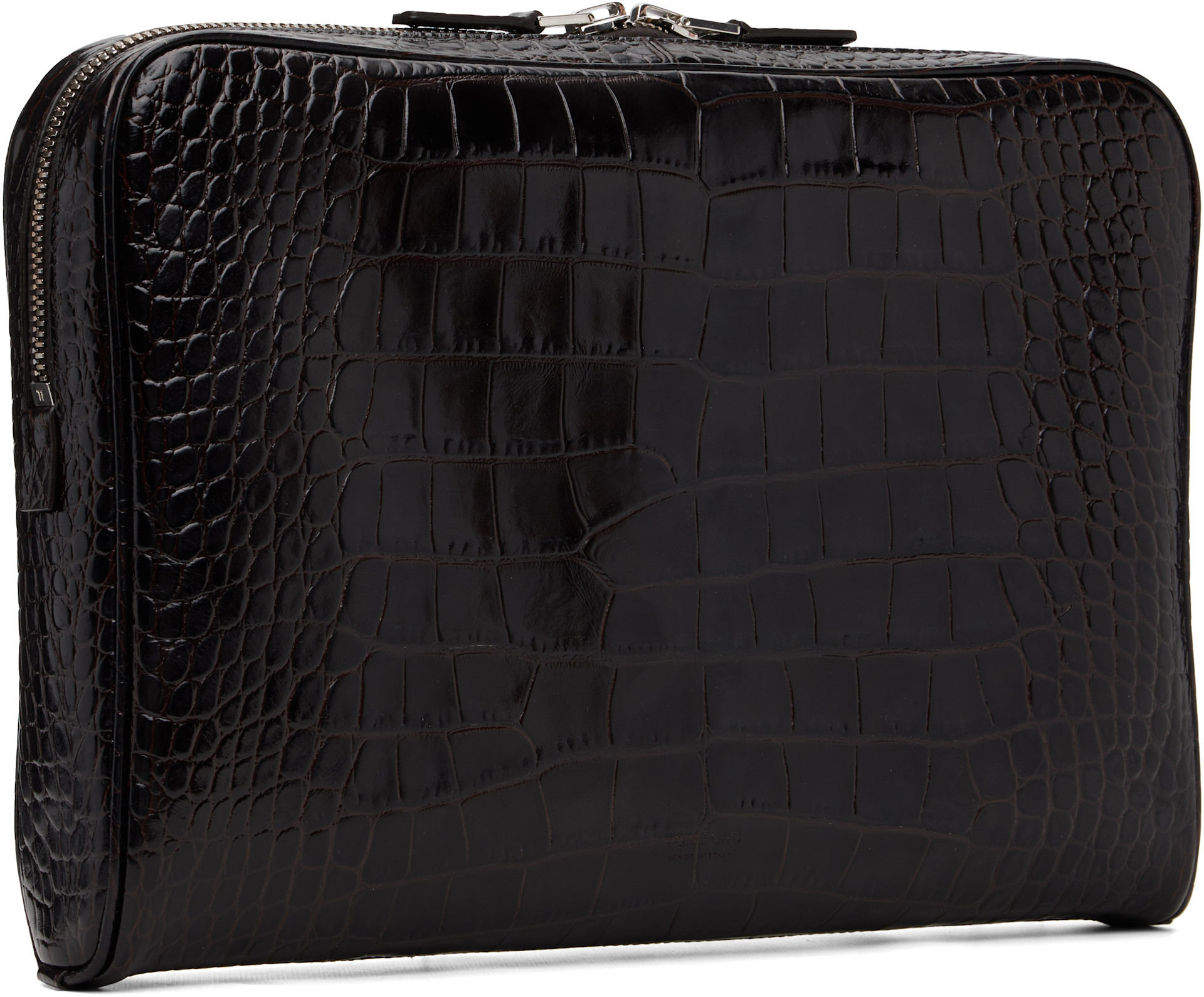 TOM FORD: ブラウン Shiny Printed Croc Minimal ラップトップポーチ 