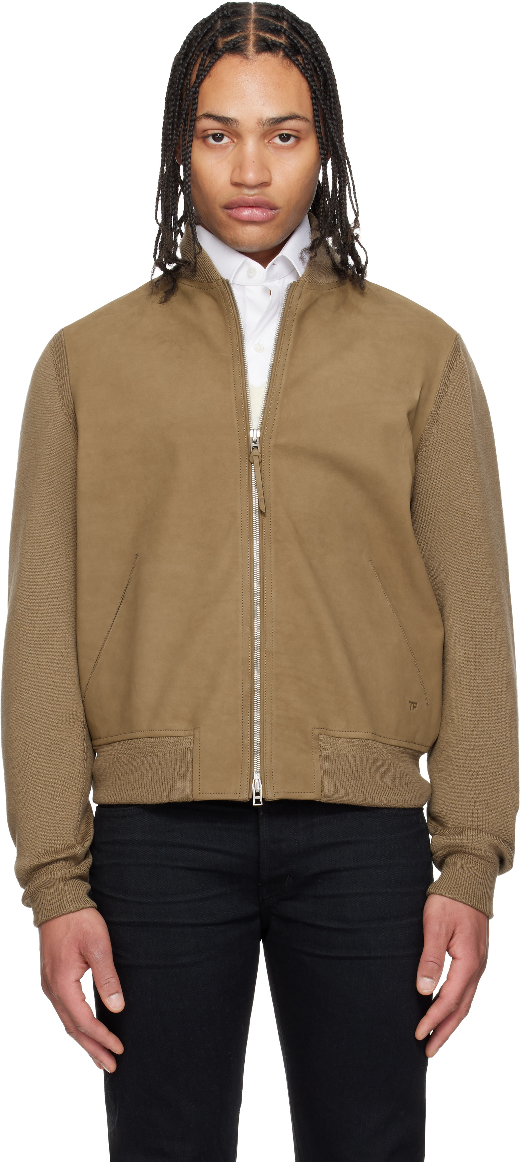 TOMFORD ジャケット TOM FORD: Khaki Nubuck Front Merino Bomber Jacket | SSENSE