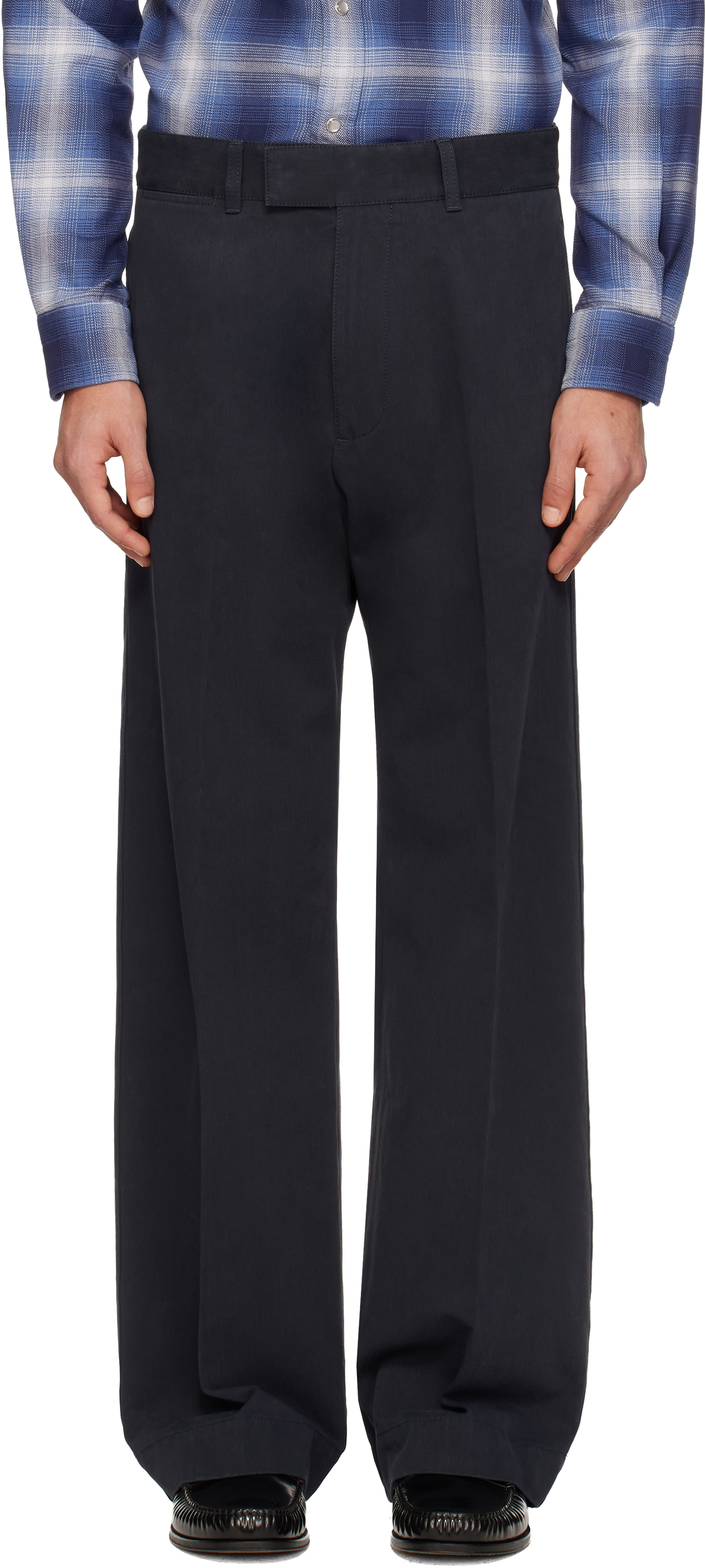 トムフォード　コットンリネンスラックス　TOM FORD TOM FORD: Navy Cotton Drill Wide Leg Trousers | SSENSE