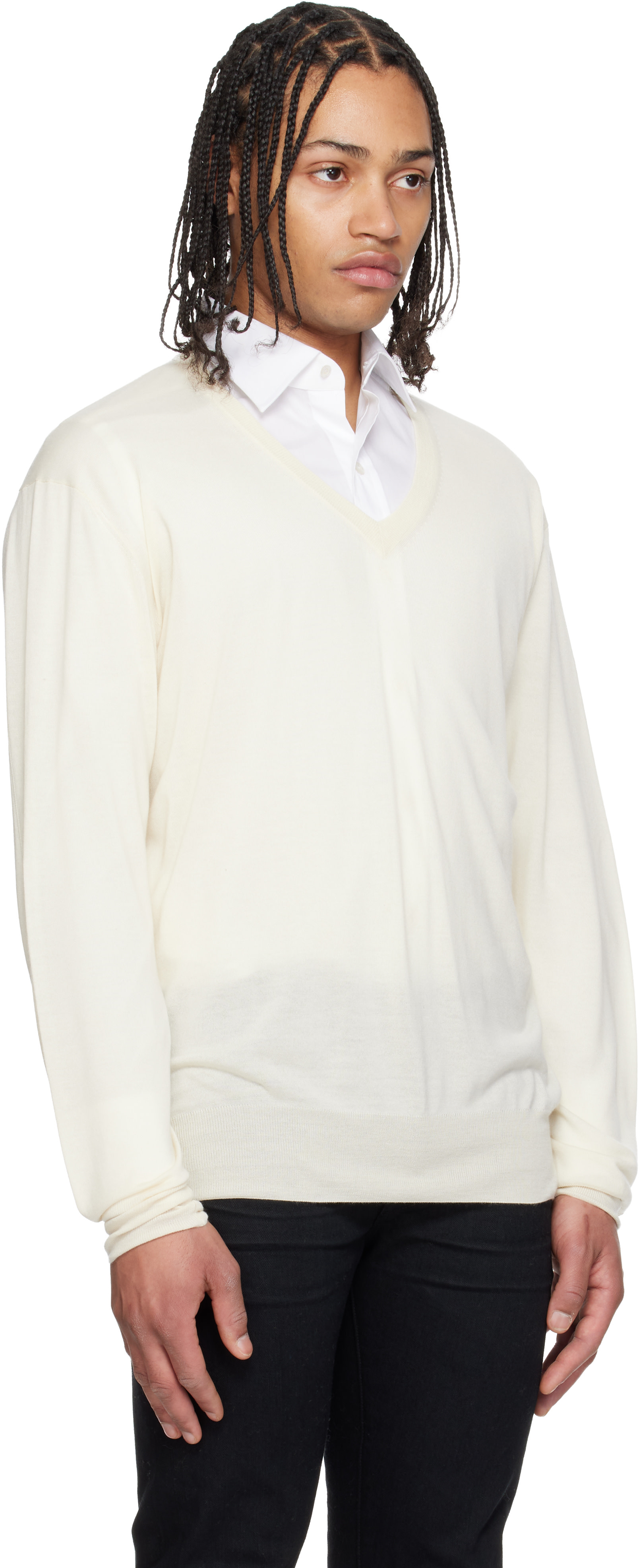 TOM FORD - Pull à manches longues blanc cassé à col en V