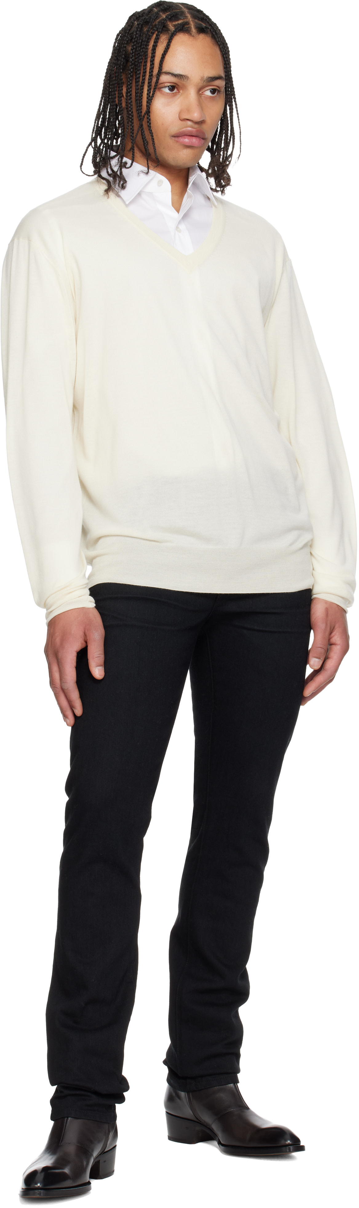 TOM FORD - Pull à manches longues blanc cassé à col en V