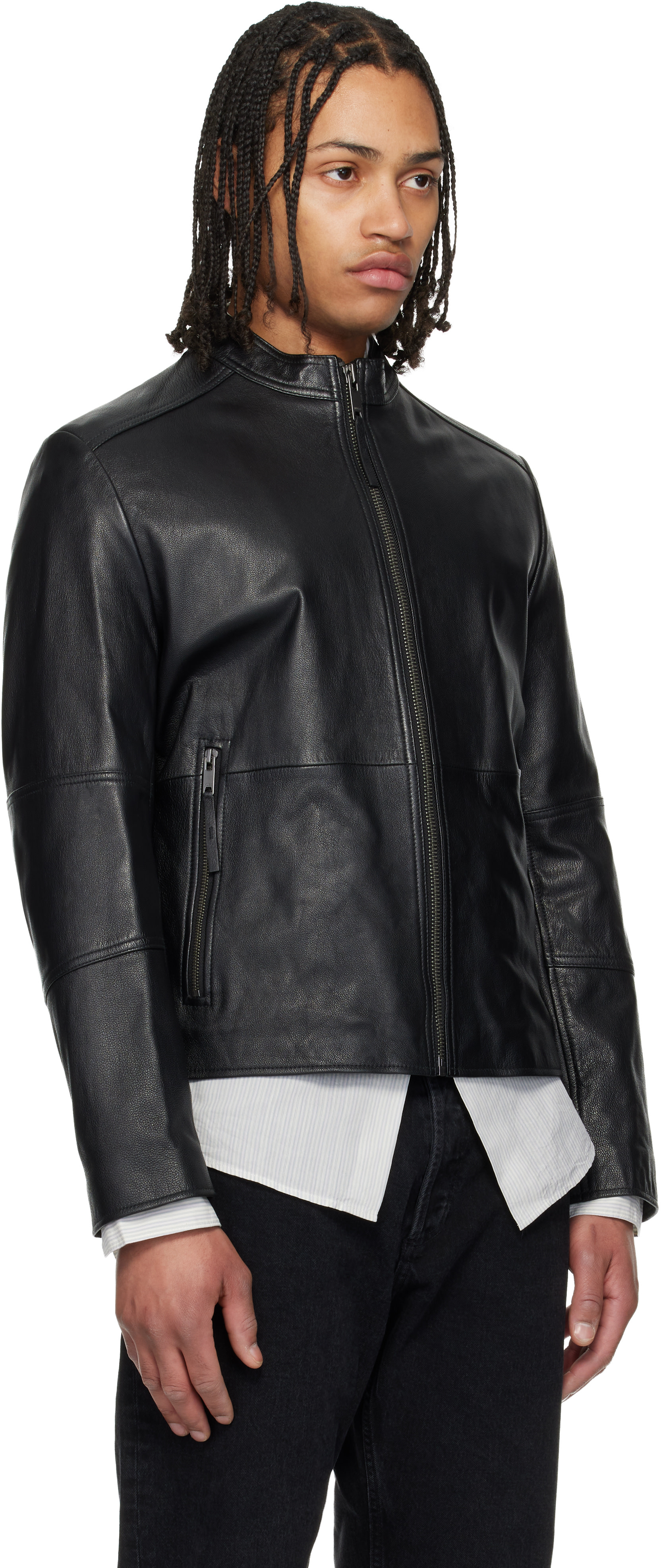 Hugo - Black Slim Fit Grained Leather Jacket