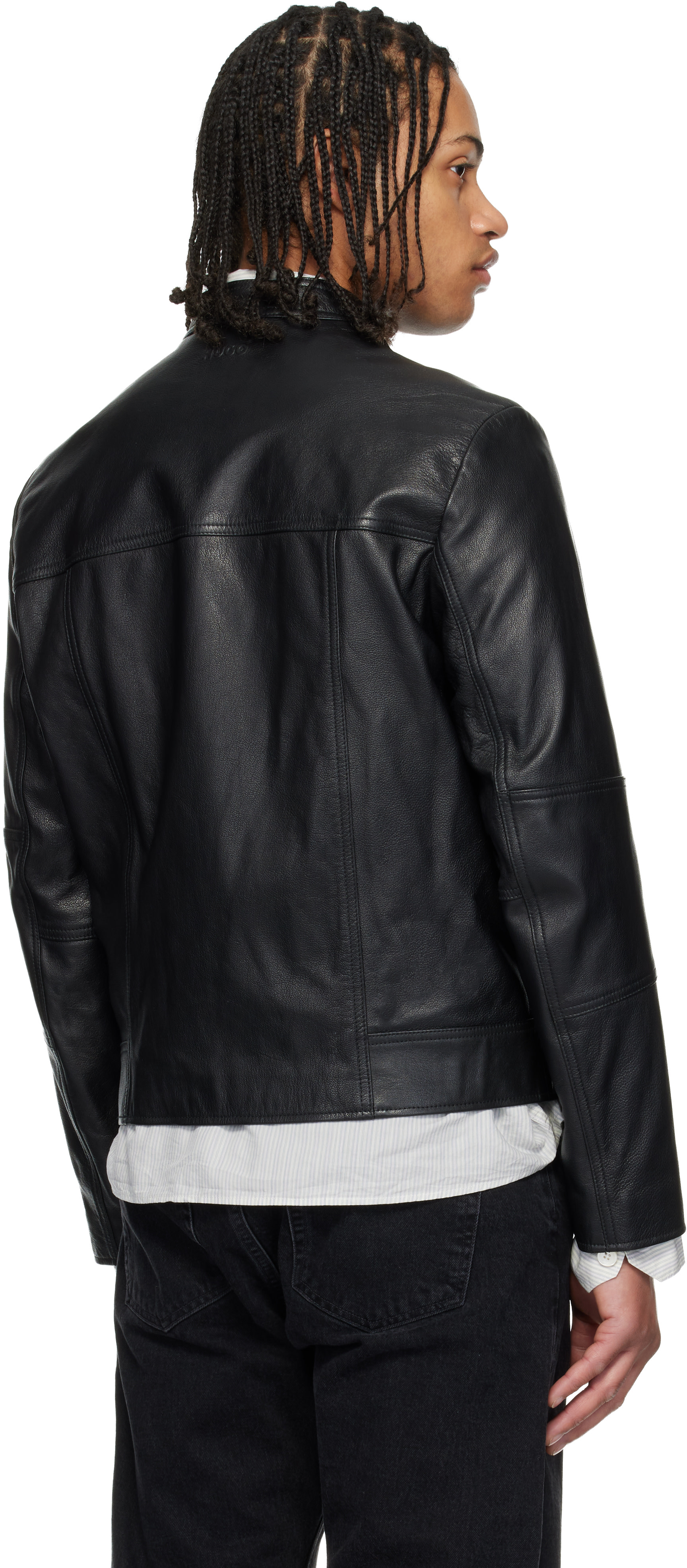 Hugo - Black Slim Fit Grained Leather Jacket