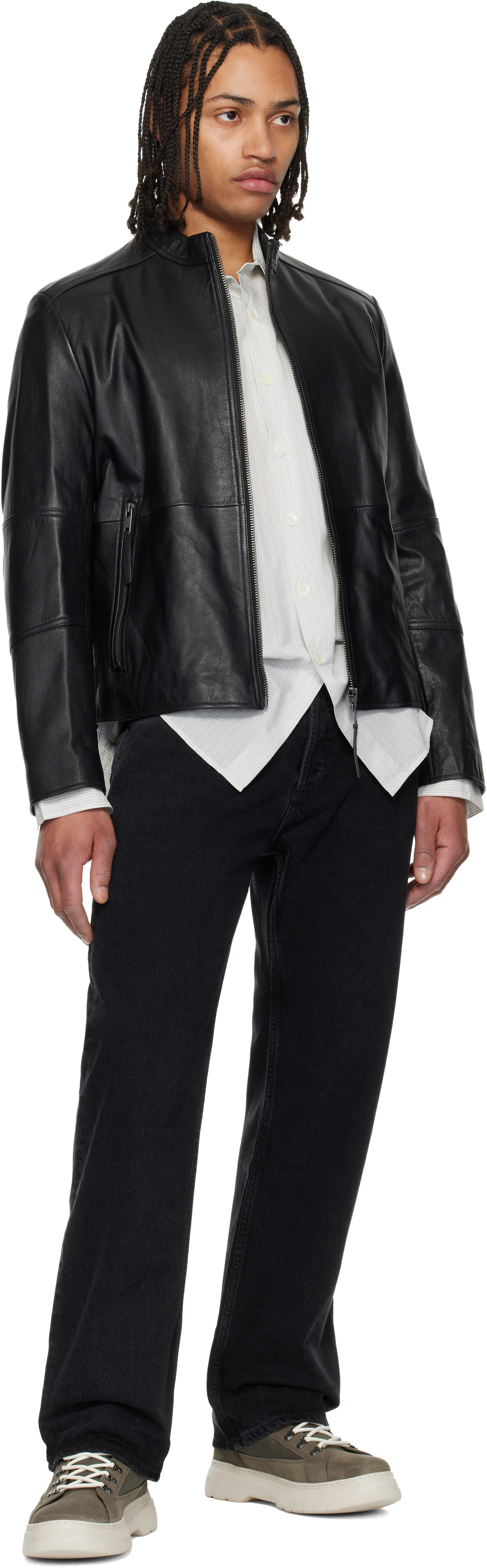 Hugo - Black Slim Fit Grained Leather Jacket