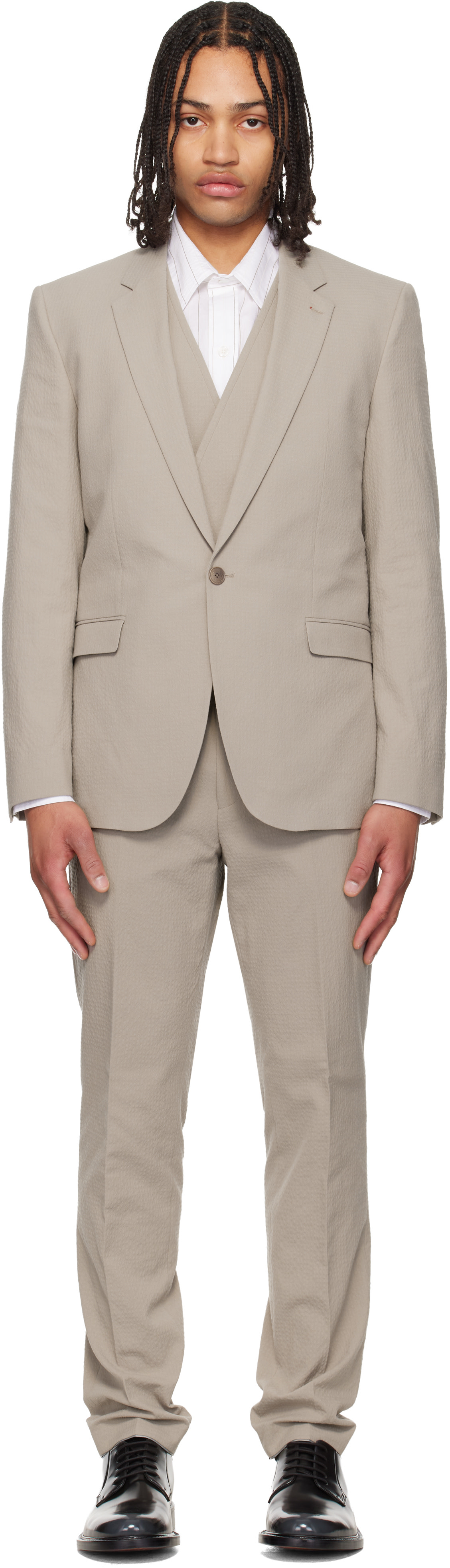 Hugo: Taupe Three-Piece Extra-Slim-Fit Stretch-Cotton Seersucker