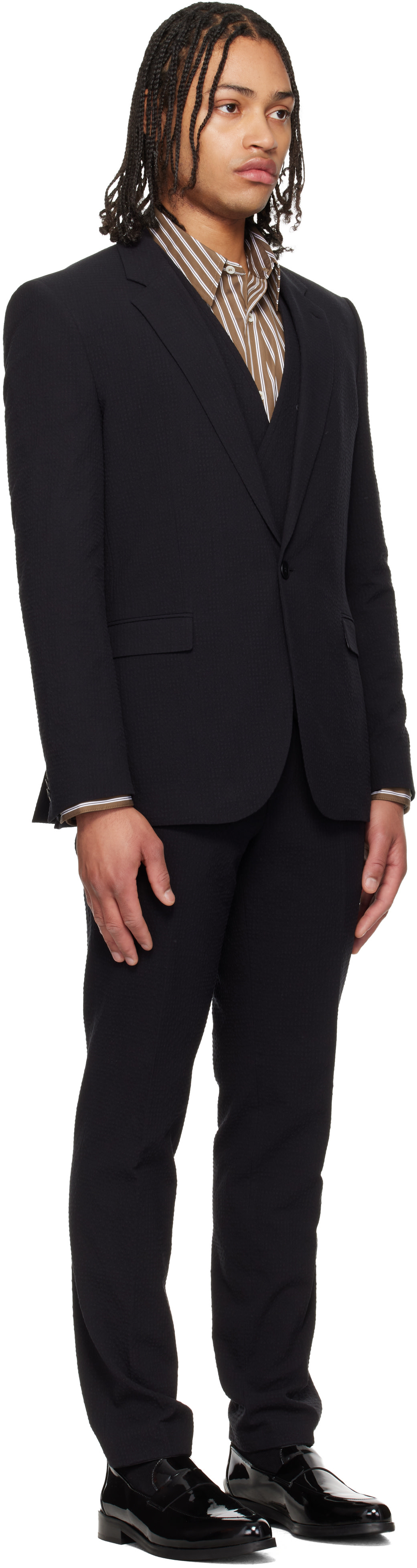 Hugo - Black Three-Piece Extra-Slim-Fit Stretch-Cotton Seersucker Suit
