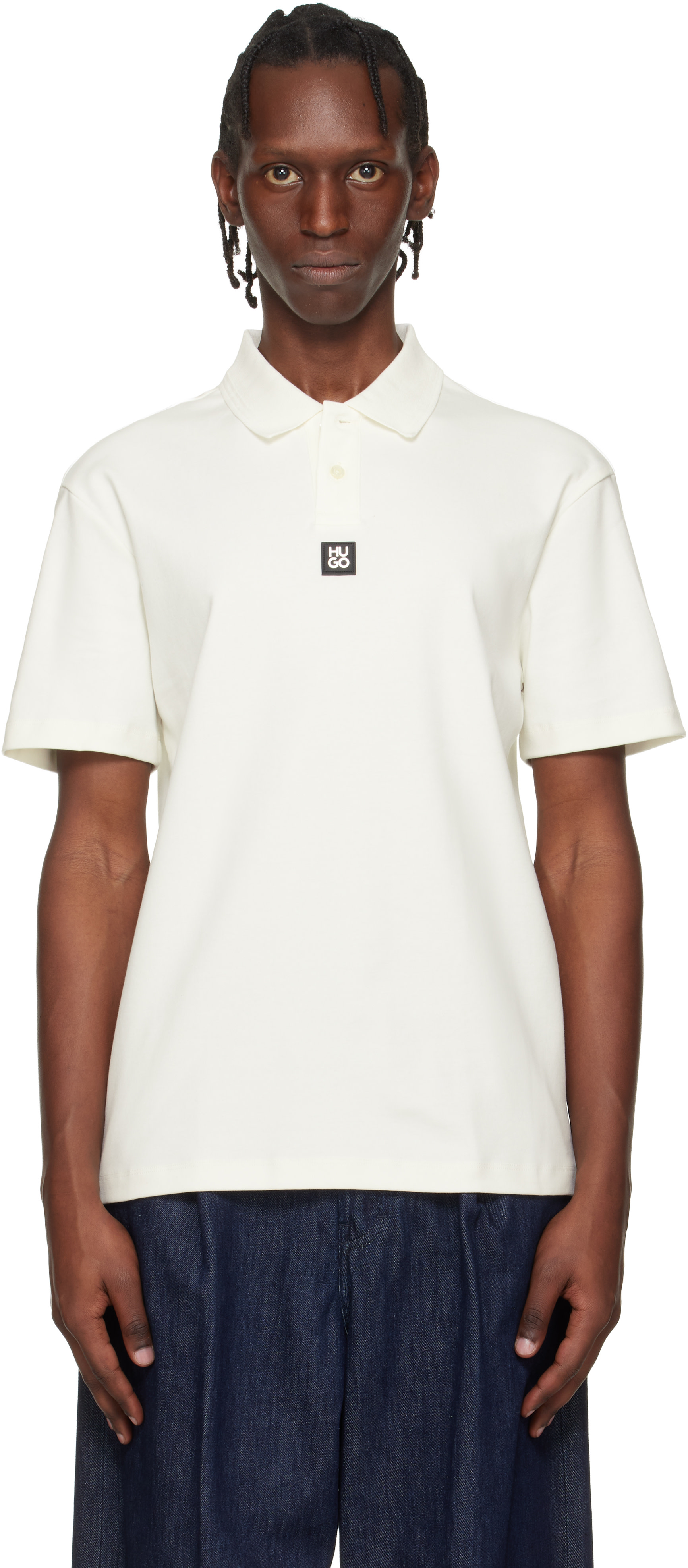 Hugo - White Stacked-Logo Interlock Polo