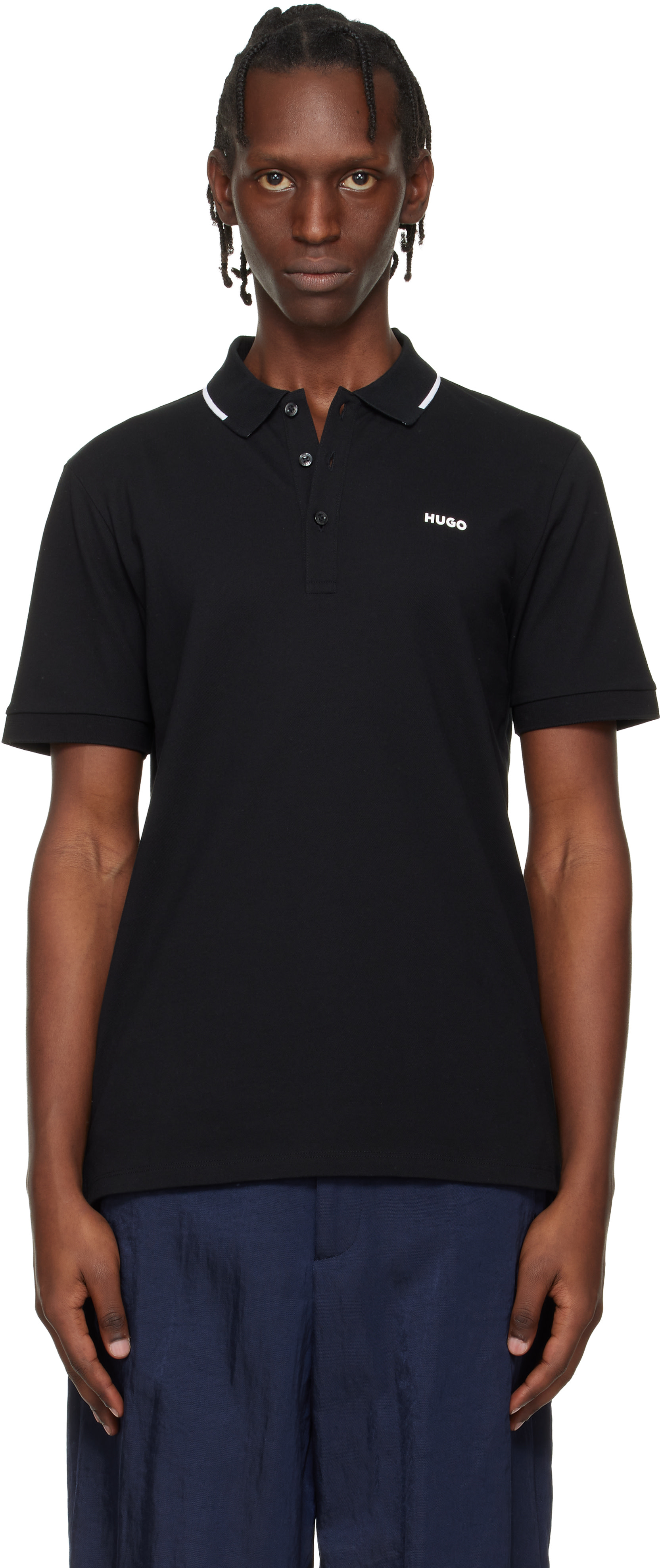 Hugo - Black Stretch Cotton Slim-Fit Logo Polo