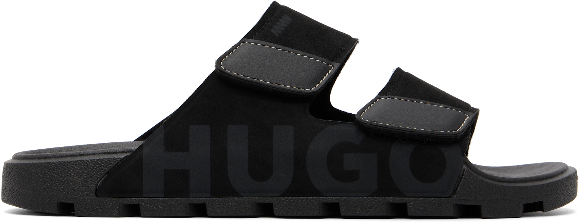 Hugo: Black Faux-Suede Logo Detailing Sandals | SSENSE