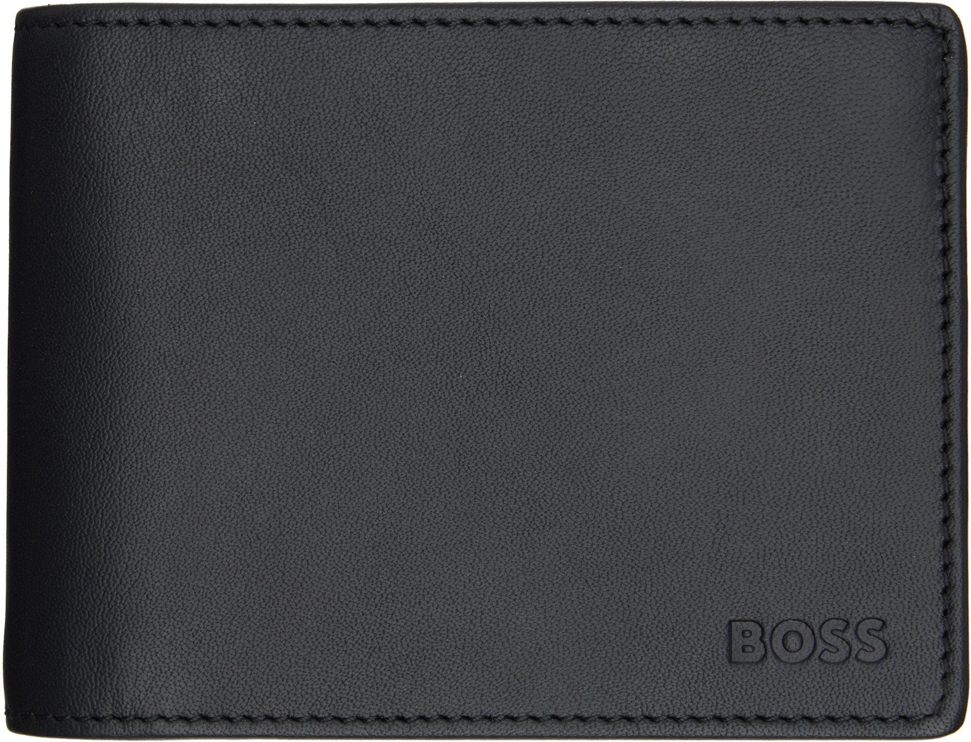 BOSS: ブラック エンボスロゴ レザー 中ベラ付き二つ折り財布 | SSENSE